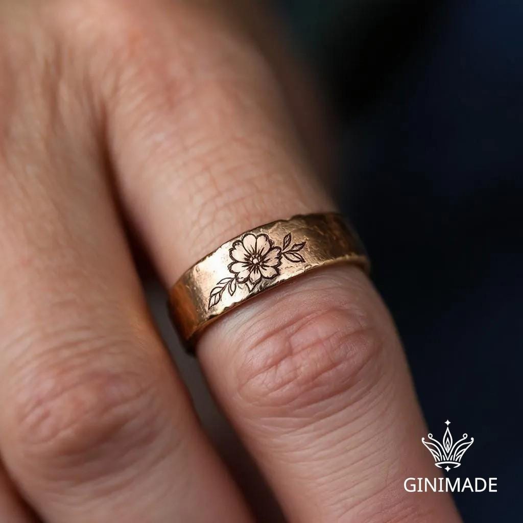 Custom Birth Flower Engraved Ring • Personalized Gold 8mm Wide Band Ring • Floral Birth Month Ring for Men and Women • Handmade Jewelry.