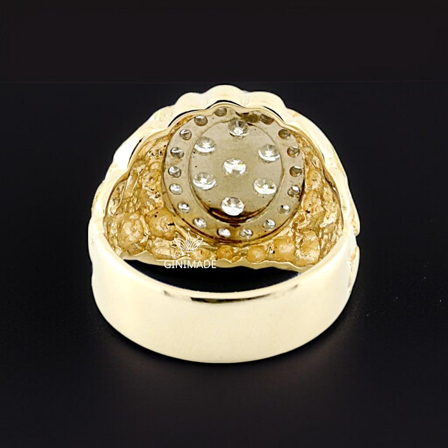 Gold Nugget CZ Ring – Oval Cluster Statement Ring for Men – 18K Gold Plated Hip Hop Bling Ring – Vintage Style Iced Out Ring by Ginimade