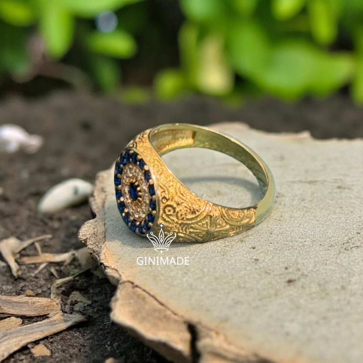 Gold Signet Ring • Vintage Engraved Ring • Blue & White CZ Halo • Statement Ring for Him or Her ||Custom Heirloom Jewelry