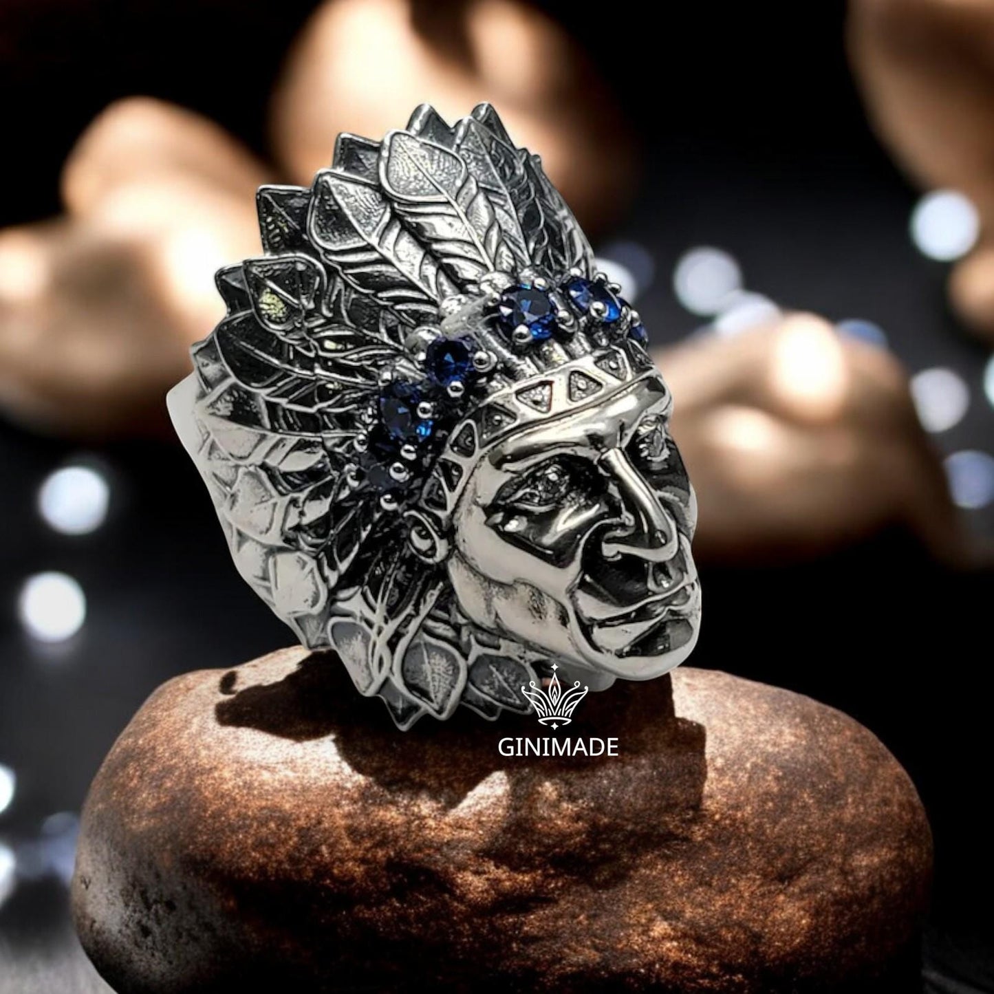 Tribal Chief Ring | 925 Sterling Silver Warrior Band | Bold Men's Statement Ring | Emerald CZ Crown | Handmade Father's Day Gift