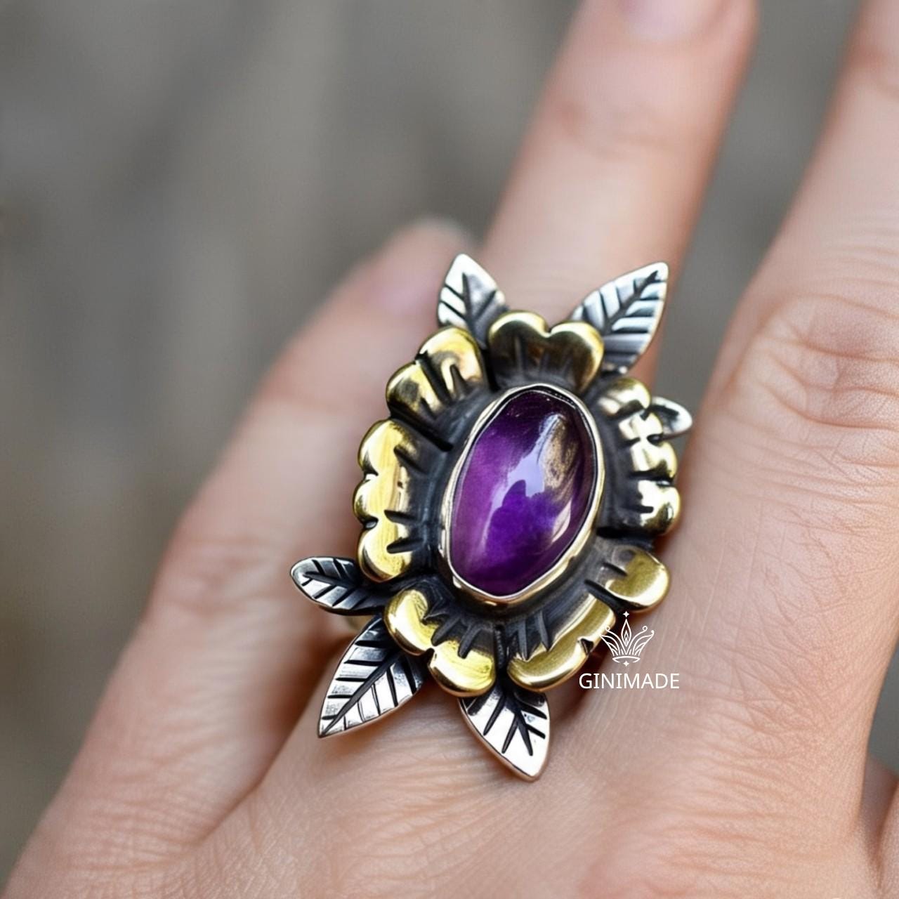 Amethyst Statement Ring – Handmade Silver Floral & Leaf Design – Boho Nature Inspired Jewelry – Bold Purple Gemstone Ring by Ginimade