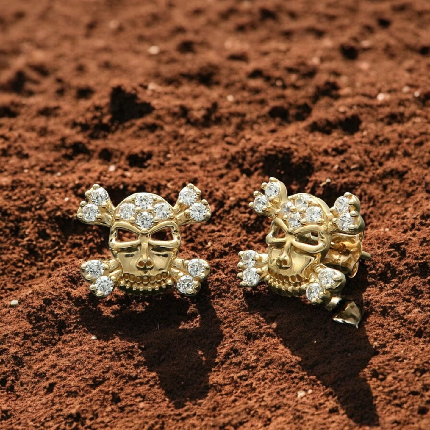 Skull Stud Earring For Her in 18K Yellow Gold Plated with Round Cut CZ Diamond | 925 Silver Punk Jewelry