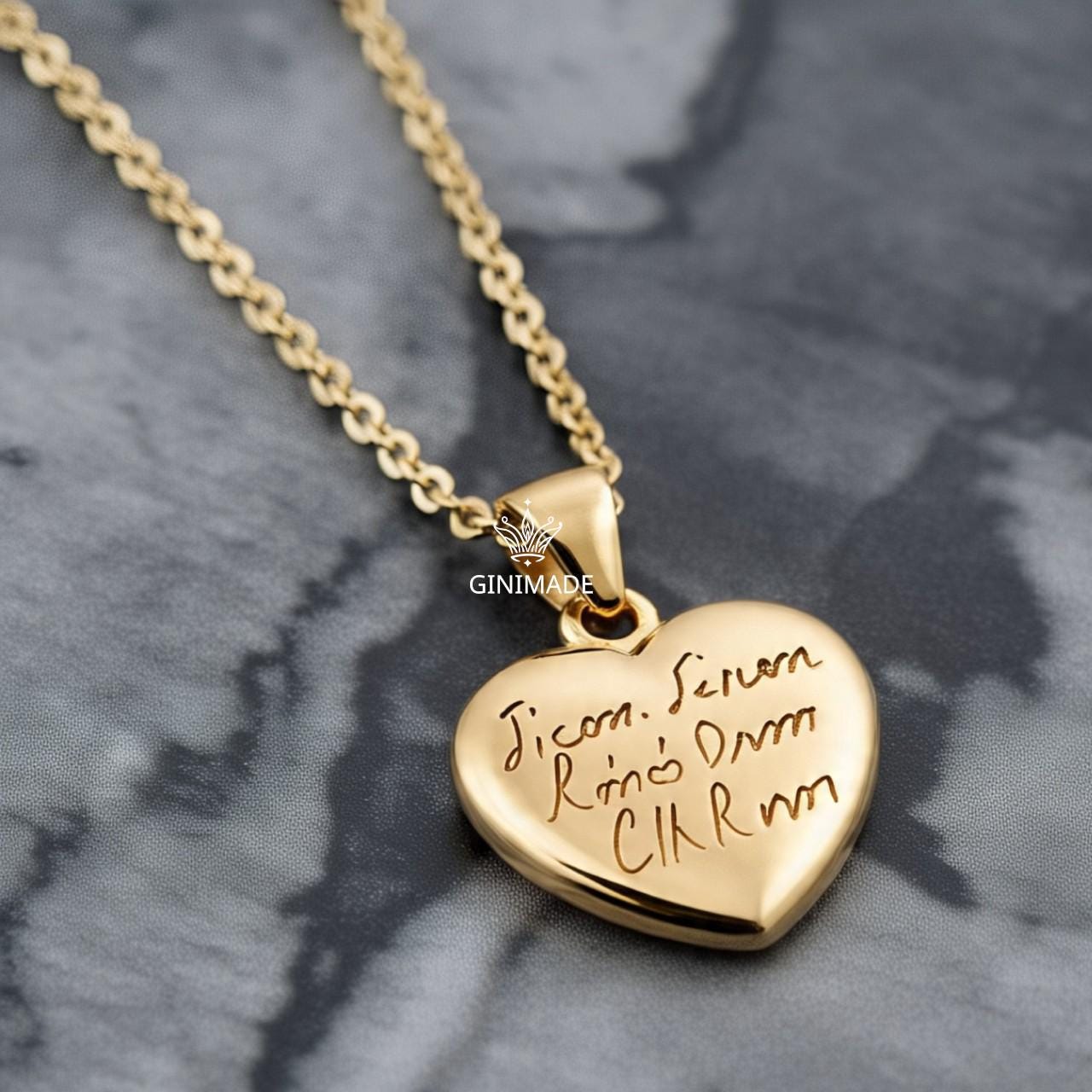 Custom Handwriting Heart Necklace • Memorial Signature Jewelry • Personalized Gold Engraved Necklace • Actual Handwriting Gift for Her