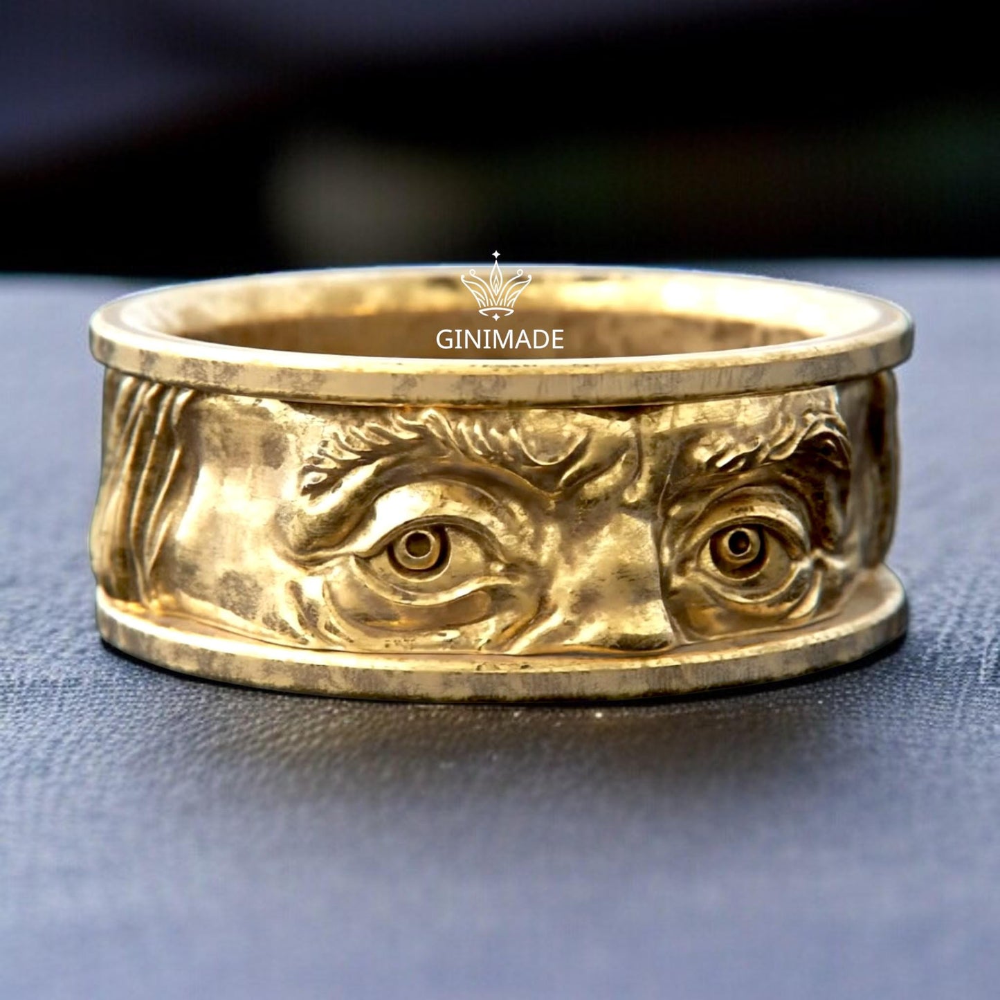 Franklin Eyes Ring | Bold Gold Face Ring | Handmade Sculpted Eye Band | GINIMADE Statement Jewelry | Gothic Men's Ring | Unique Artisan Ring