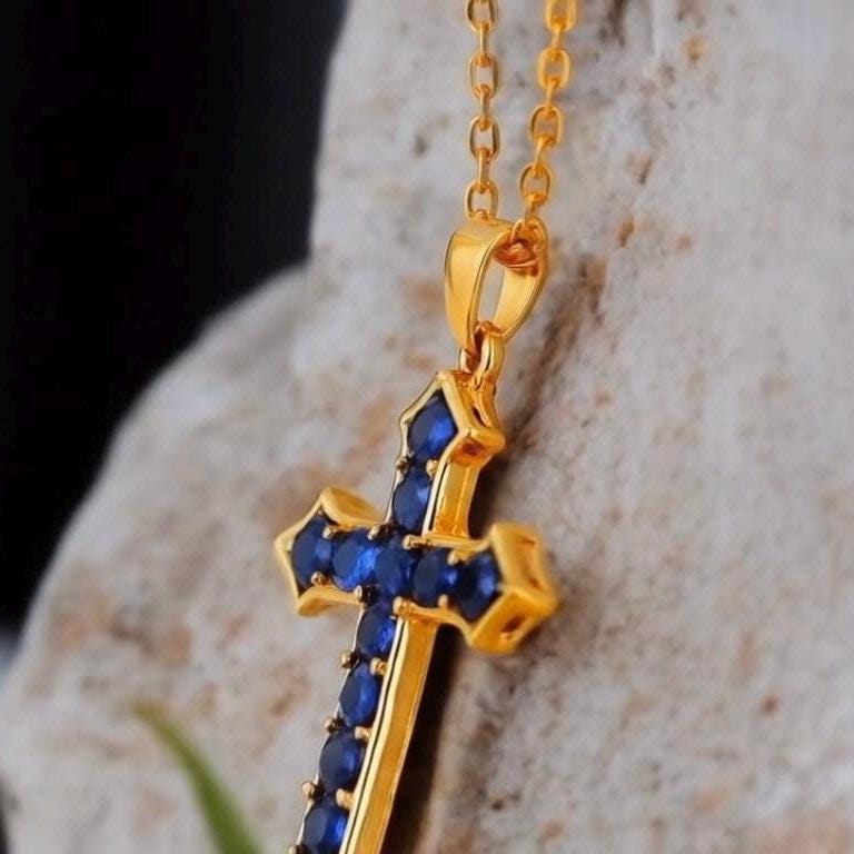 Gold Cross Necklace with Blue CZ – Gothic Christian Pendant – Blue Stone Faith Jewelry – Religious Gift for Him or Her