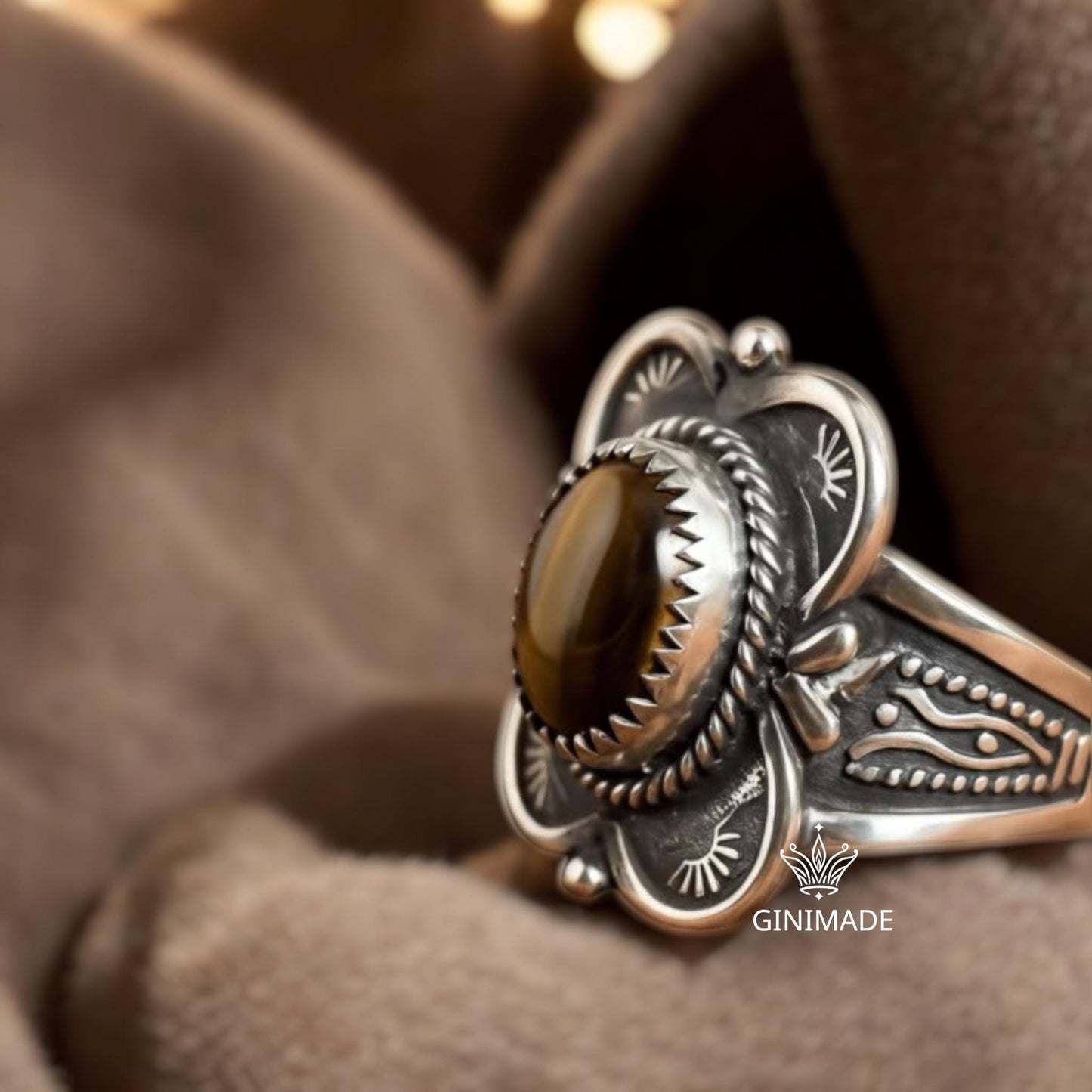 Vintage Tiger Eye Statement Ring  Sterling Silver Boho Ring for Men & Women  Southwestern Tribal Jewelry  Handmade Gemstone Ring Gift