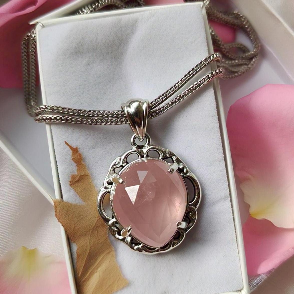 Rose Quartz Pendant Necklace, Boho Chic Jewelry, Sterling Silver, Gift for Her.