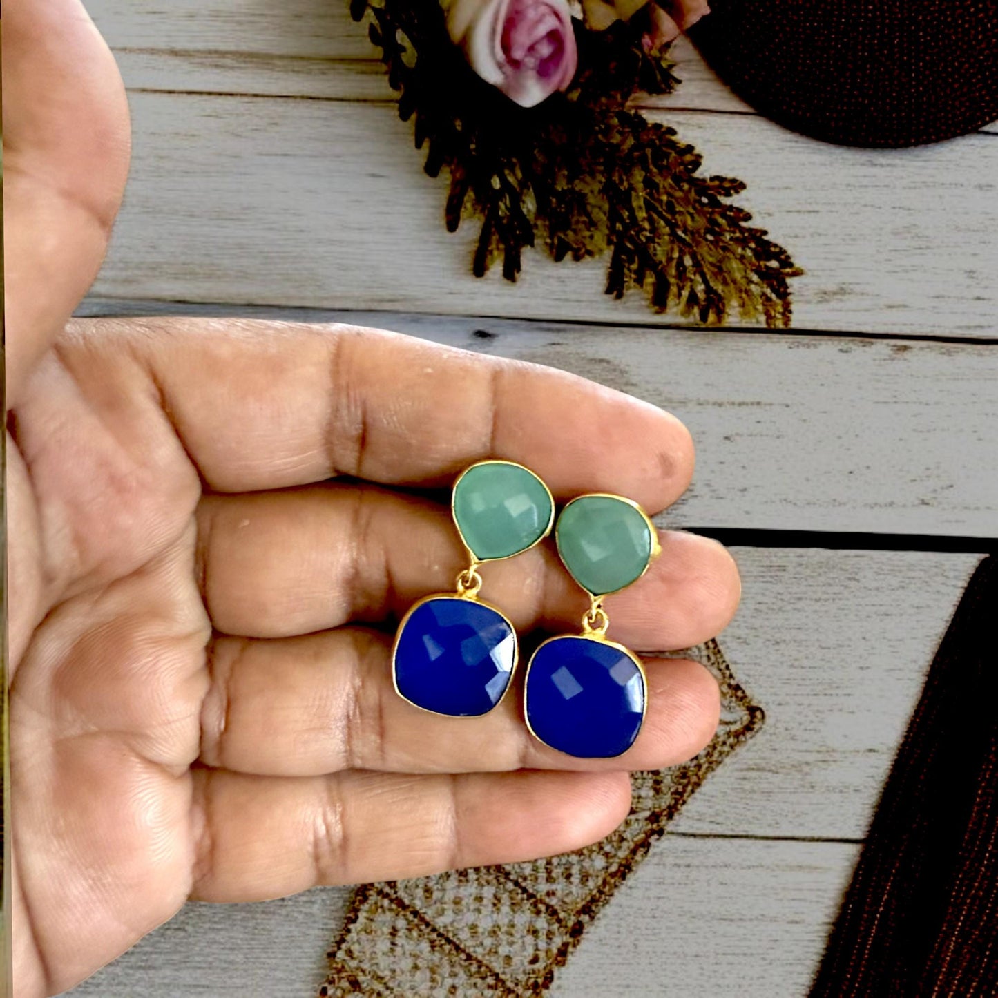 Minimalist Green & Blue Gemstone Earrings | Handmade Gold Plated Dangle Earrings | Brass Drop Jewelry Gift for Her