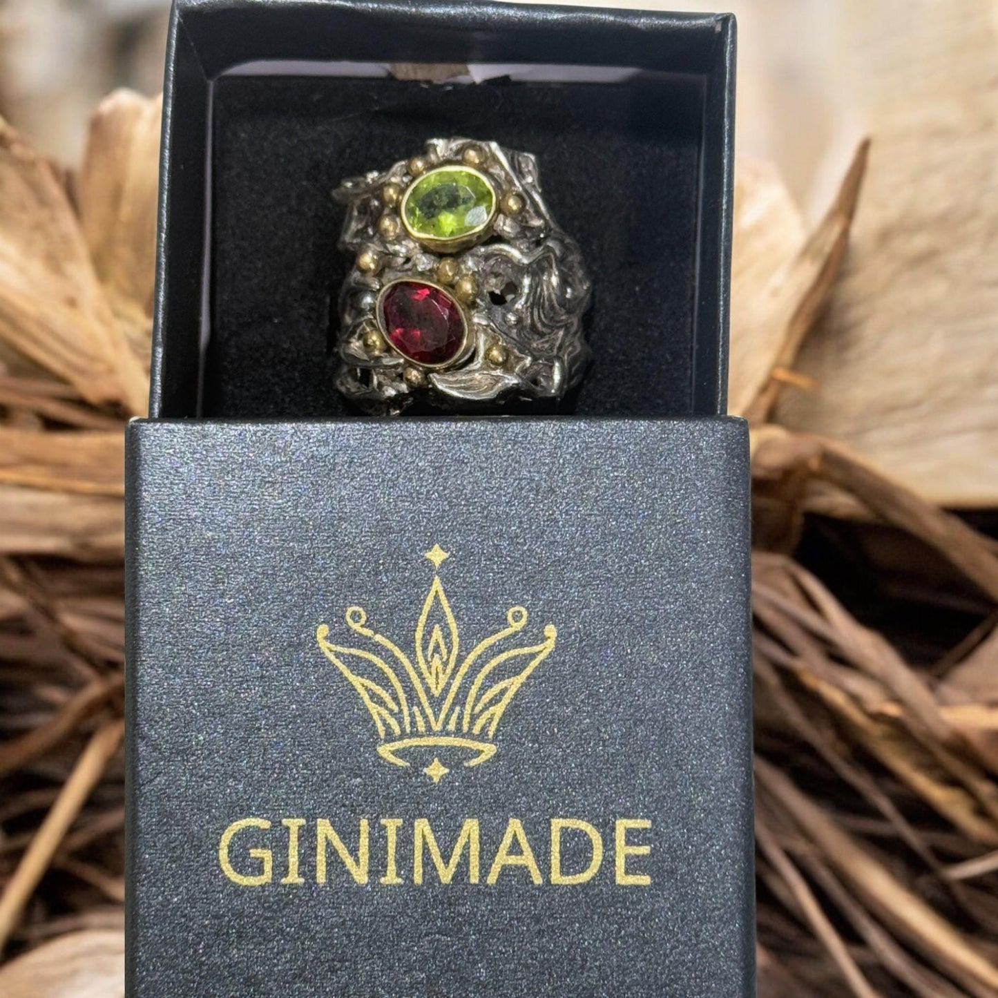 Handmade 925 Sterling Silver Statement Ring with Natural Peridot & Garnet | Artisan Textured Gemstone Ring | Unique Boho Jewelry for Her.