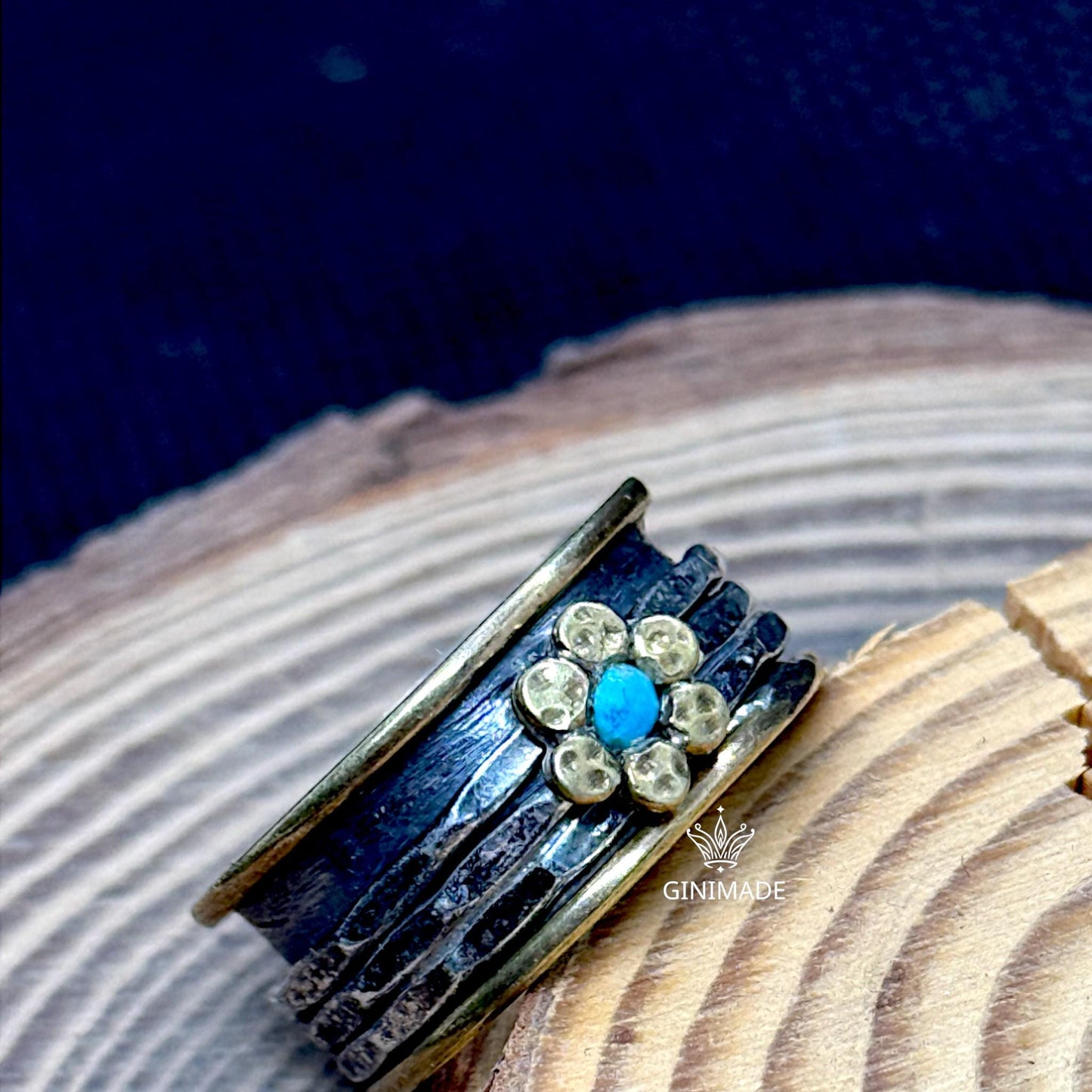 Handmade Mixed Metal Flower Ring | Sterling Silver & Brass Spinner Ring with Turquoise Stone | Boho Floral Statement Jewelry by GINIMADE