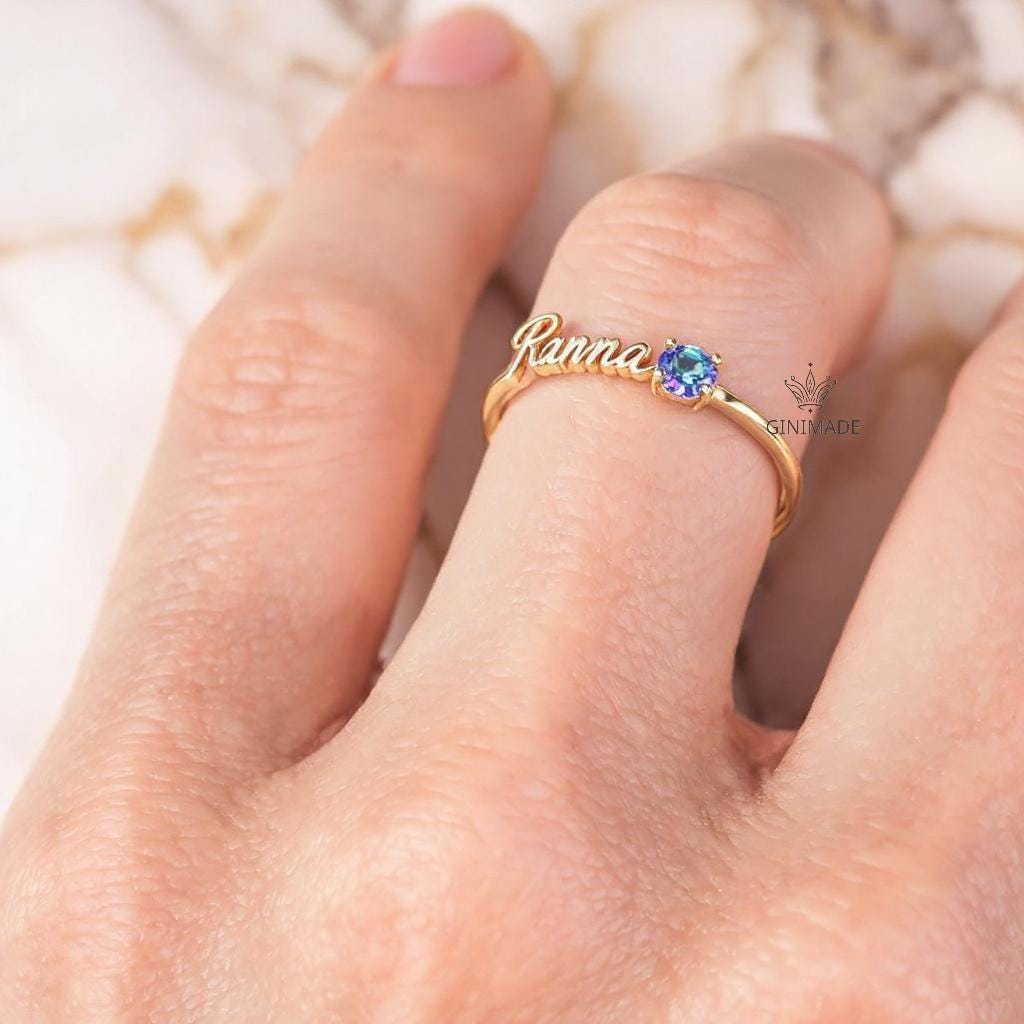 Custom Name Birthstone Ring • CZ Personalized Name Ring • Dainty Stacking Jewelry • Graduation Gift • Gift for Her • Proposal Ring