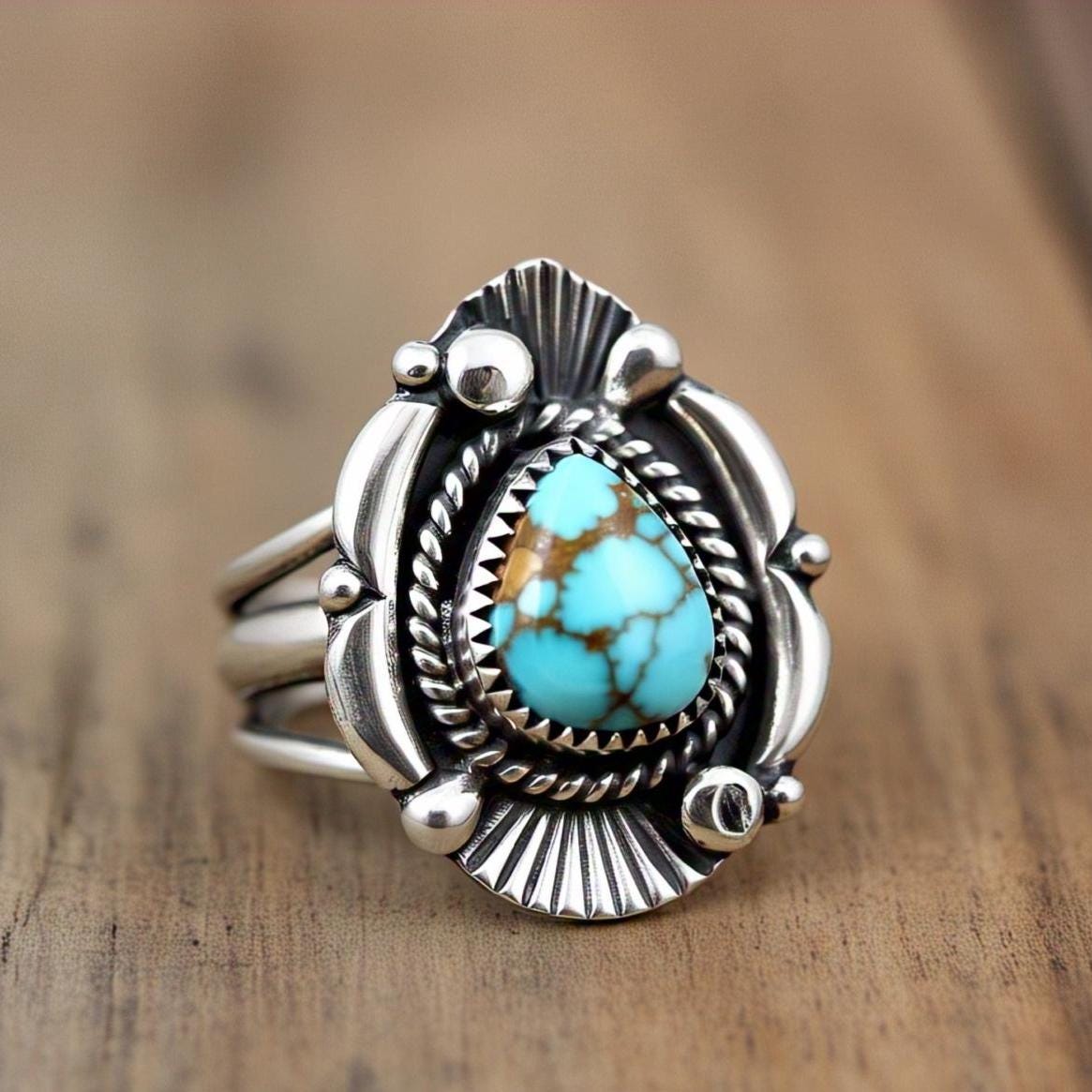 Copper turquoise Rings – Pear Gemstone in 925 Sterling Silver, Boho Natural Vintage-Inspired Bohemian Jewelry, Handmade Gift for Her