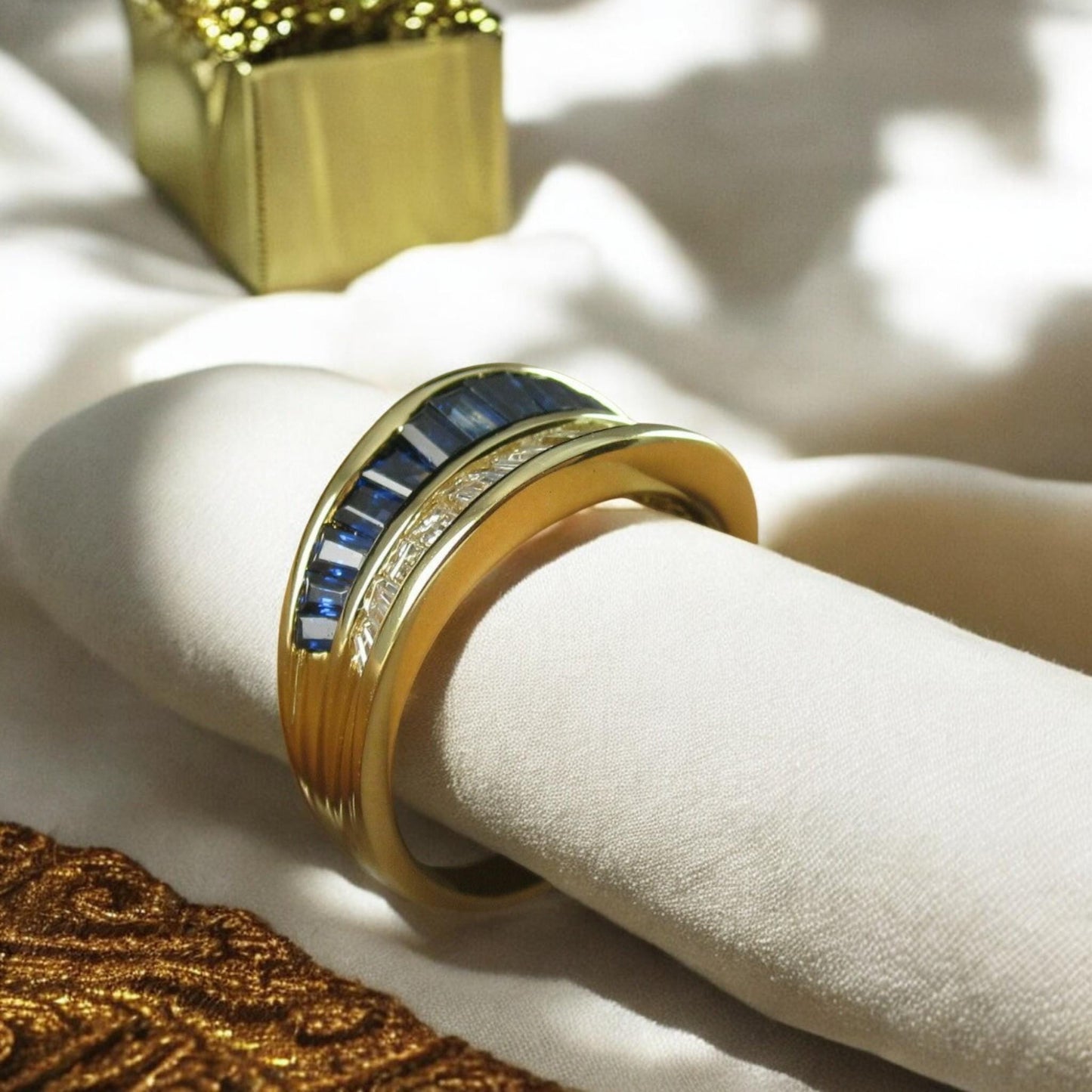 Beautiful Baguette Cut Simulated Sapphire & Diamond Band Ring | 14K Gold Plated 925 Silver Jewelry