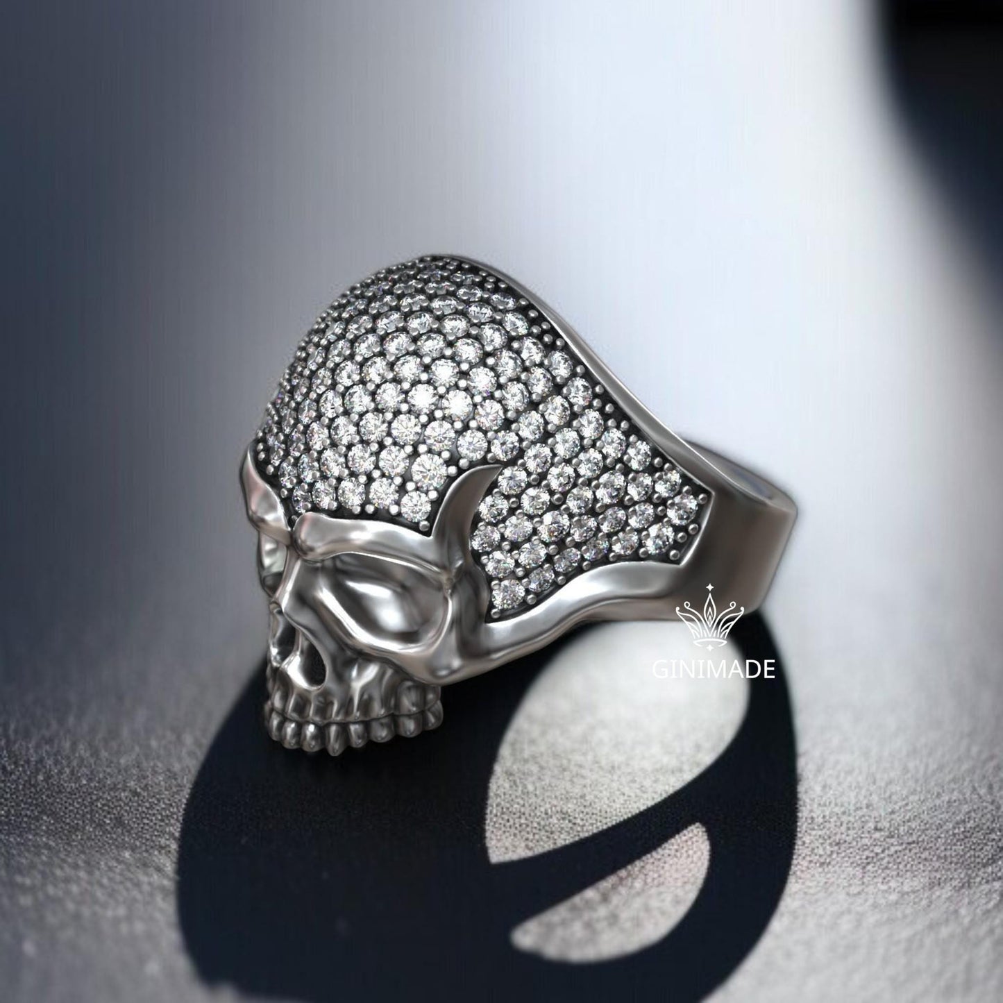 Diamond Skull Ring for Men – Sterling Silver Gothic Skull Head Ring – Iced Out Punk Biker Jewelry – Handmade Statement Ring by Ginimade