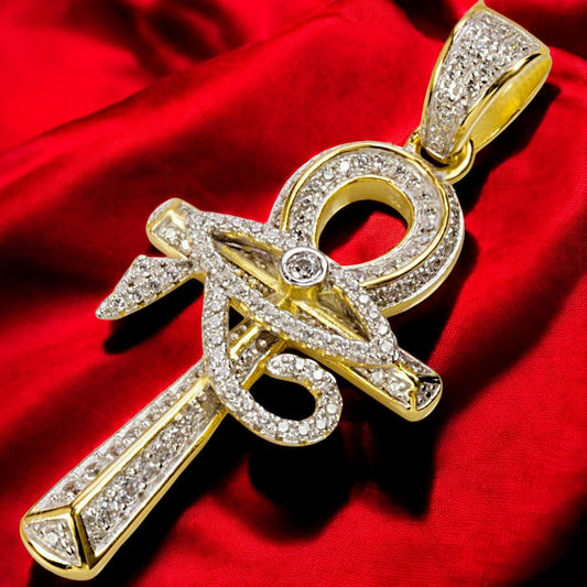 Egyptian Ankh & Eye of Horus Cross Pendant – 14K Gold Plated Silver with CZ Diamond