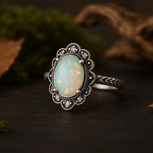 Boho Chic Opal Rings - 925 Sterling Silver, Oval Gemstone, CZ Diamonds