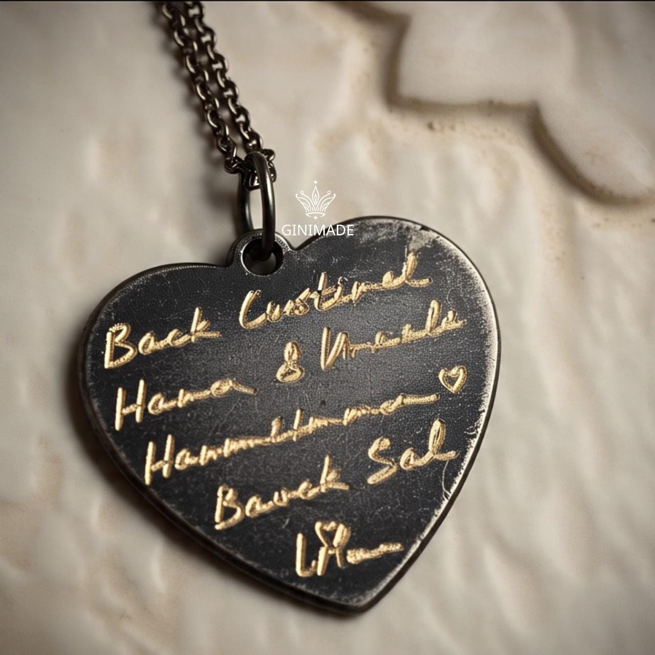 Custom Handwriting Heart Necklace – Black Oxidized Memorial Jewelry, Your Signature Engraved, Brass Heart Pendant –Personalized Couple Gift.