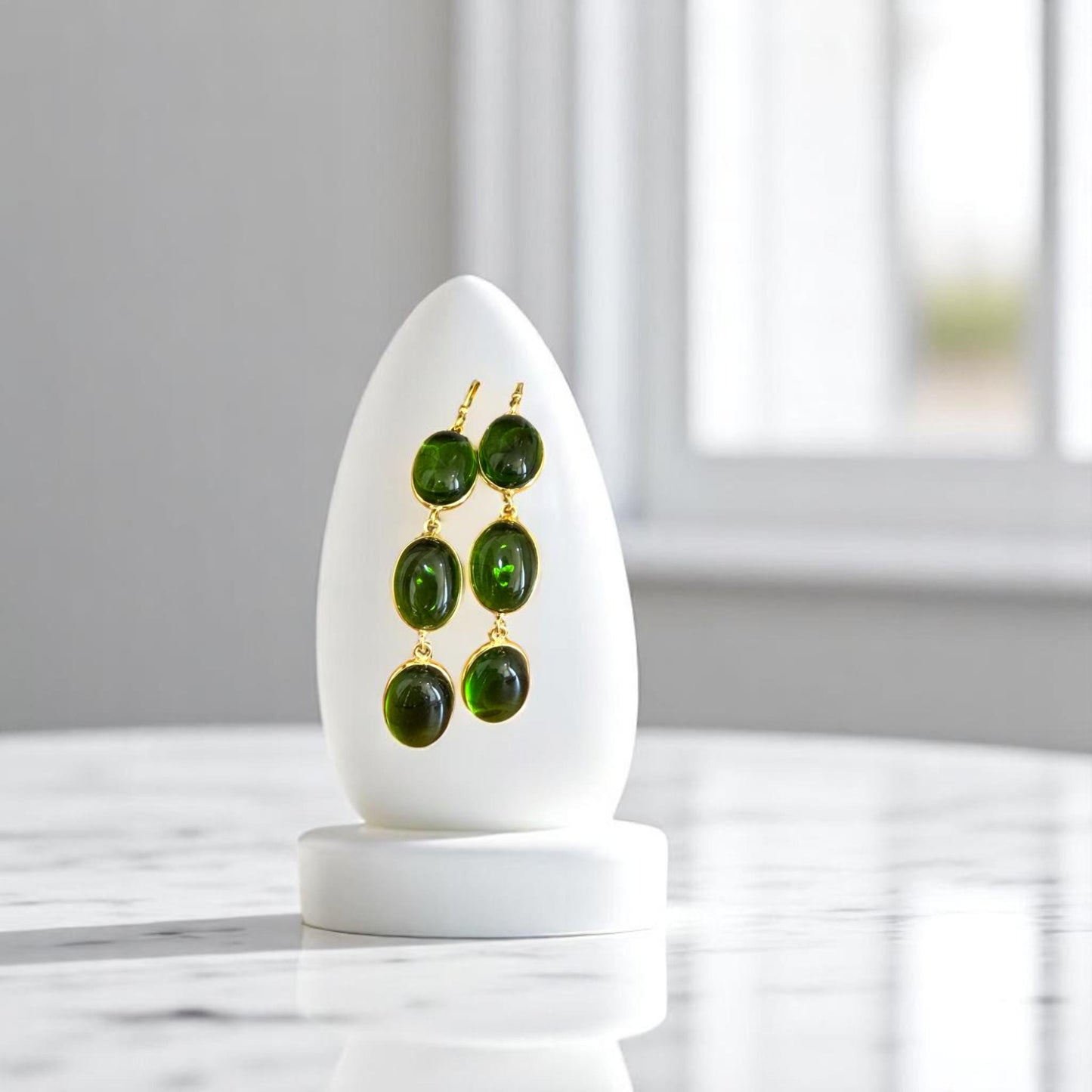 Lush Green Drops – 3-Stone Brass Earrings – Handcrafted Bohemian Chic.