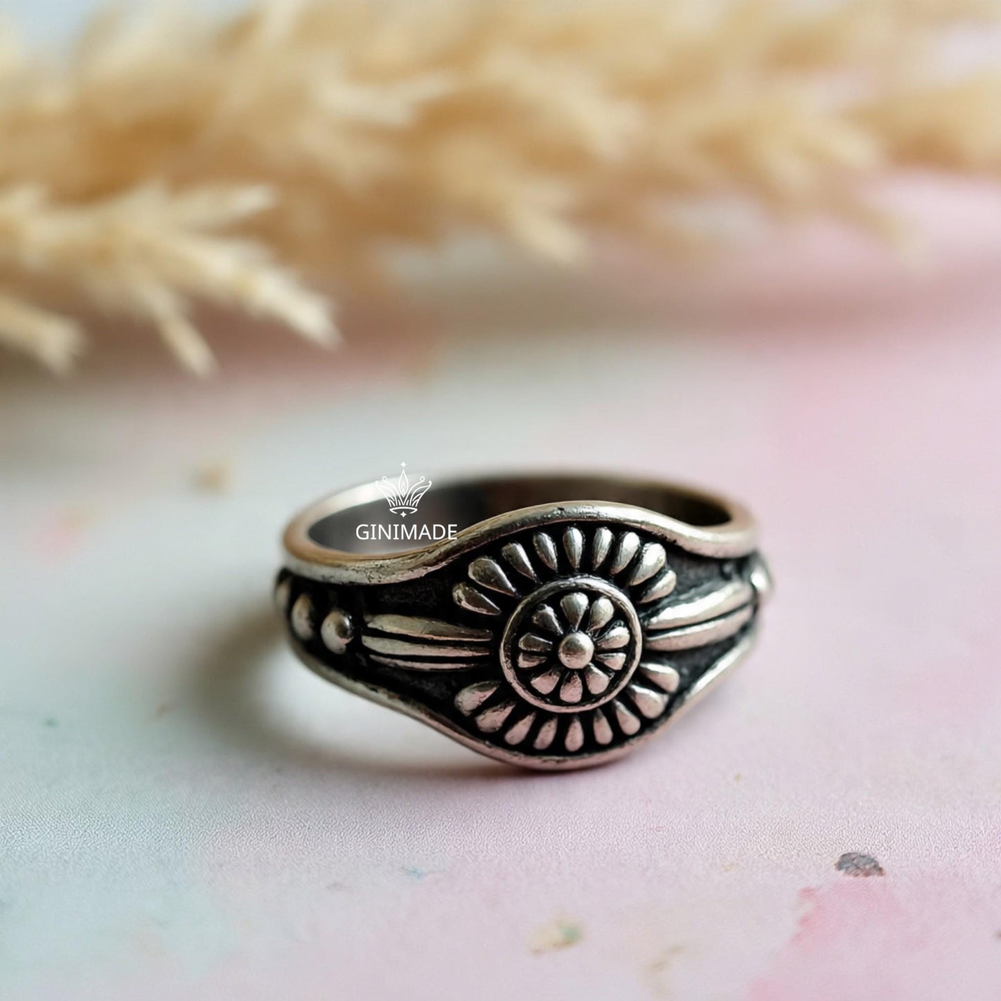 Oxidized Silver Flower Ring – Handmade 925 Sterling Floral Band – Vintage Boho Statement Jewelry – Artisan Gift for Her by Ginimade