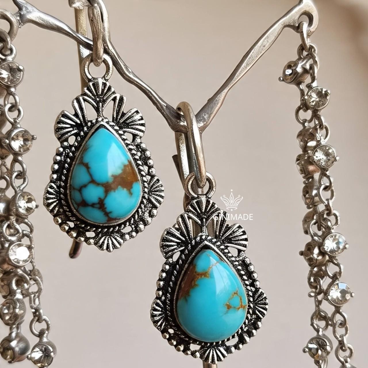 Boho Turquoise Drop Earrings | Handmade Tribal Silver Dangle Earrings | Teardrop Gemstone Oxidized Earrings | Ethnic Indian Jewelry