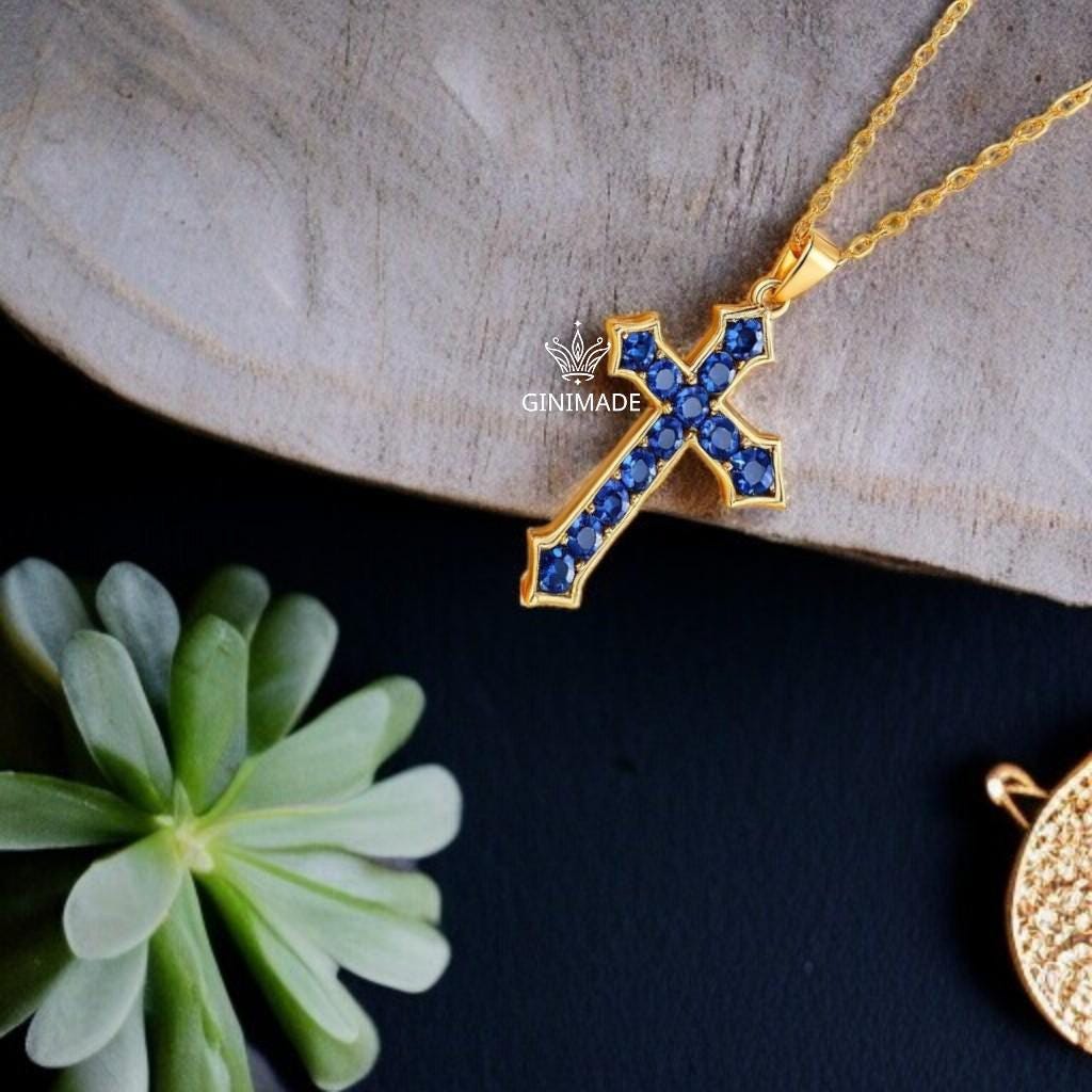 Gold Cross Necklace with Blue CZ – Gothic Christian Pendant – Blue Stone Faith Jewelry – Religious Gift for Him or Her