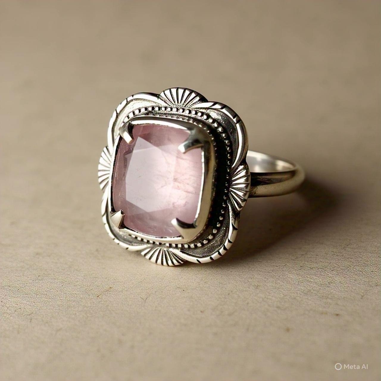 Boho Rose Quartz Ring in 925 Sterling Silver Cushion Cut Gemstone Ring Natural Rose Quartz Jewelry Bohemian Vintage Style Ring Gift for Her