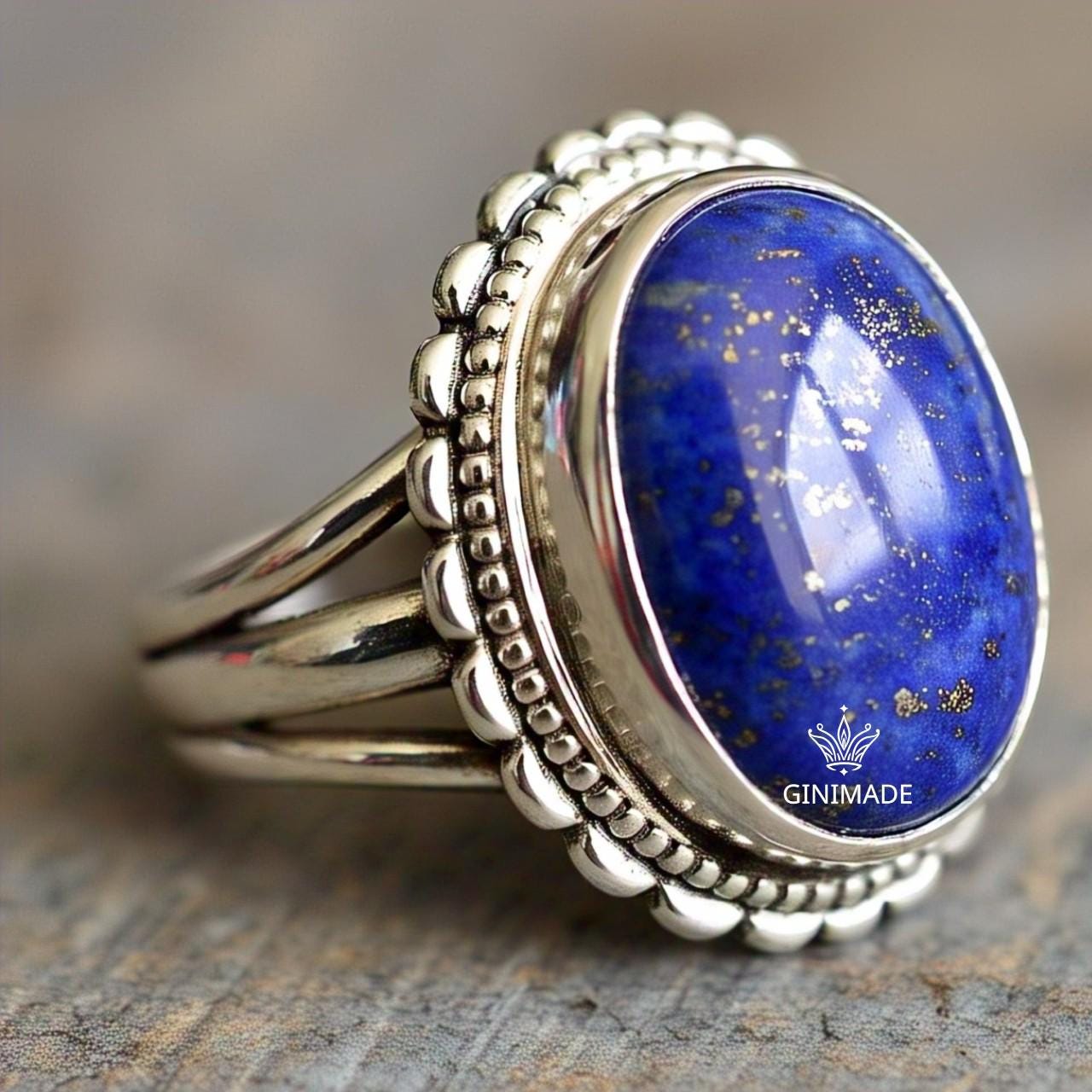 Lapis Lazuli Statement Ring – Vintage Style Sterling Silver Ring – Blue Gemstone Ring for Women – Boho Handmade Jewelry by Ginimade