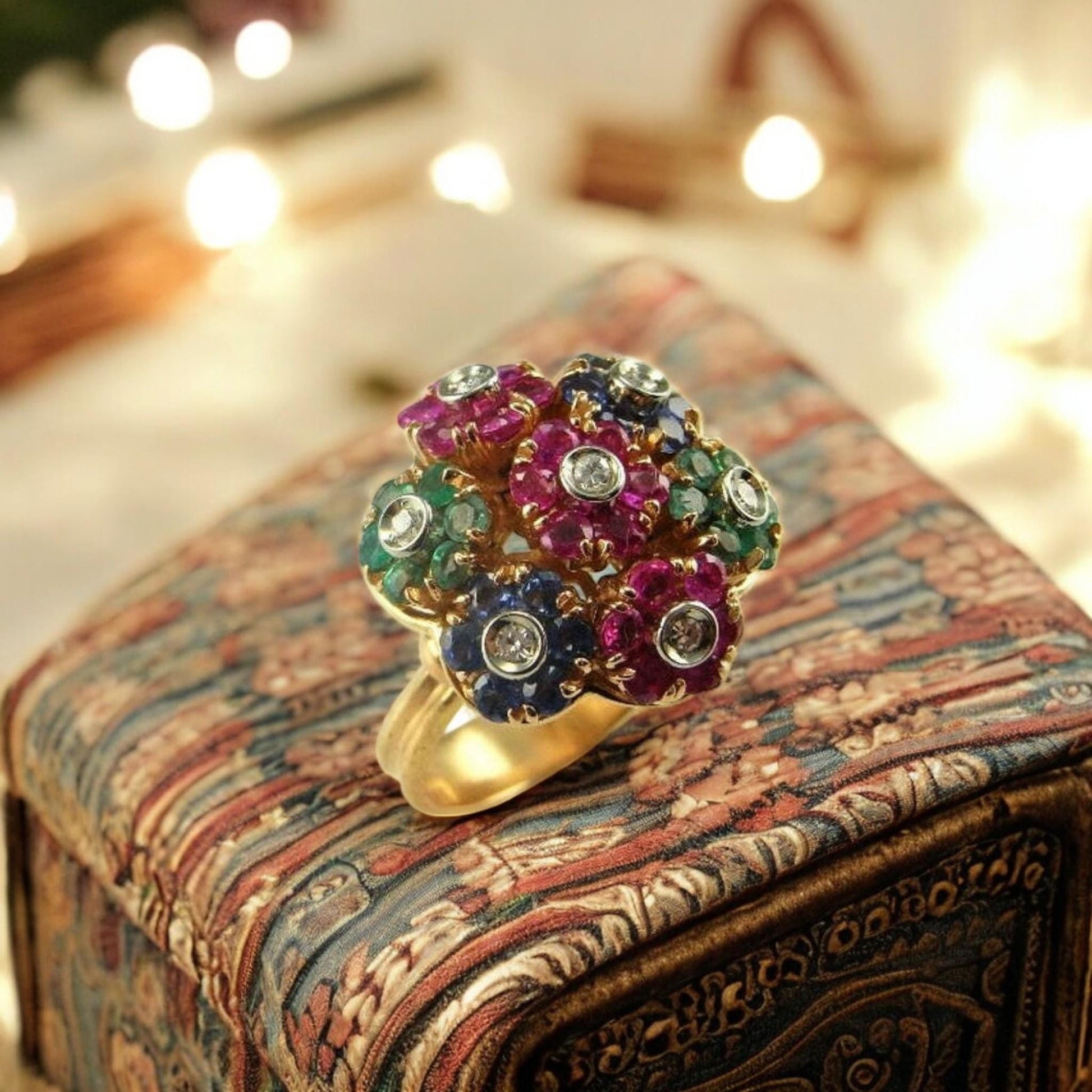 Vintage flower ring, 1910s, CZ stone, 925 silver, 18K gold-plated