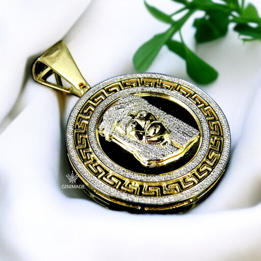 Gold Jesus Face Medallion Pendant – Iced Out CZ Religious Necklace – Hip Hop Bling Jesus Charm – Greek Key Border – Statement Faith Jewelry