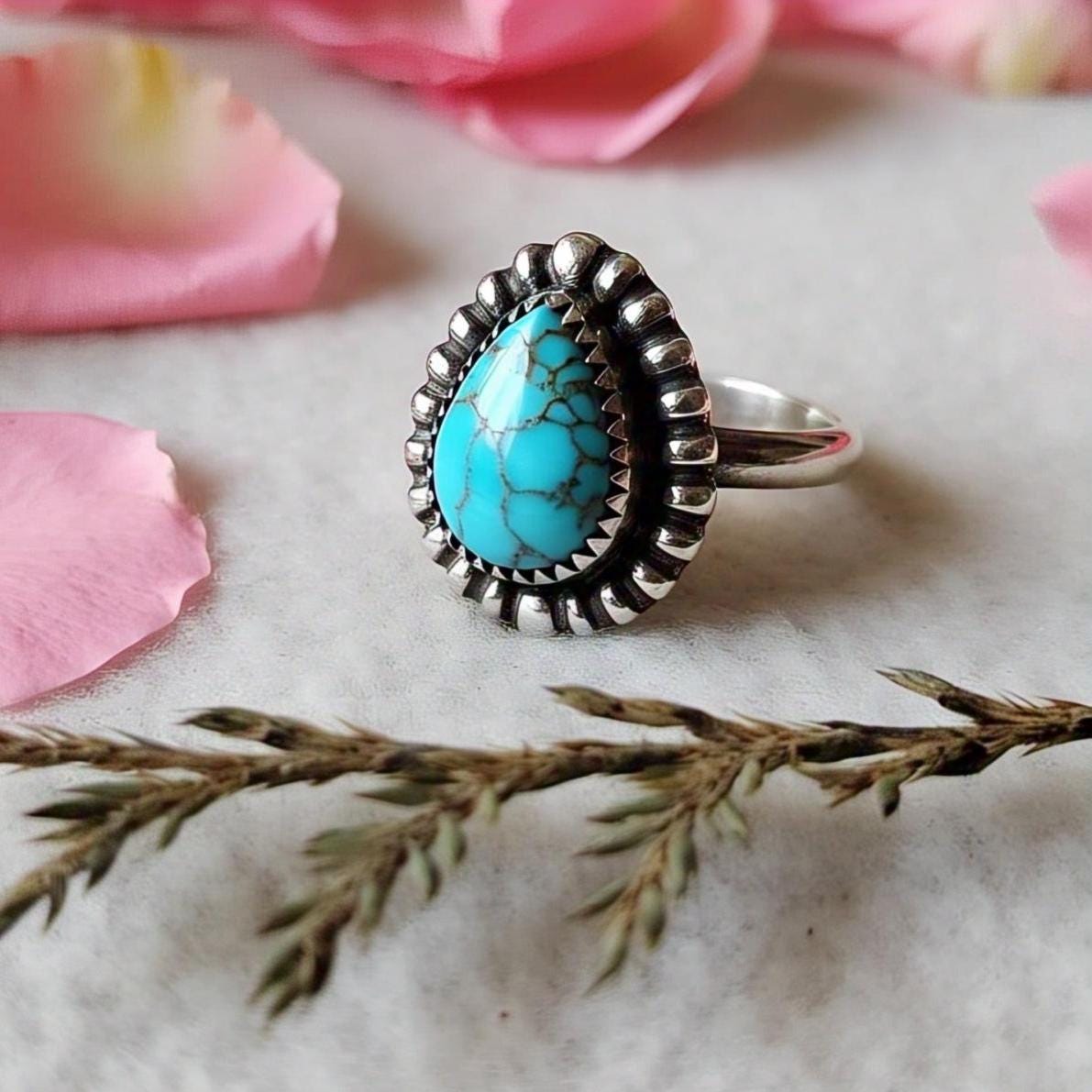 Copper turquoise Rings – Pear Gemstone in 925 Sterling Silver, Boho Natural Vintage-Inspired Bohemian Jewelry, Handmade Gift for Her