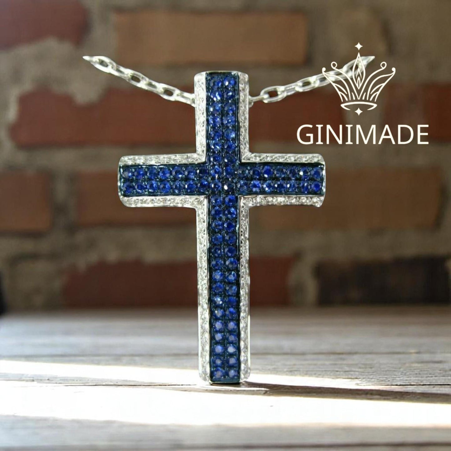 Blue and White Diamond Cross Necklace  925 Sterling Silver  Unisex Religious Pendant fathers day gift.