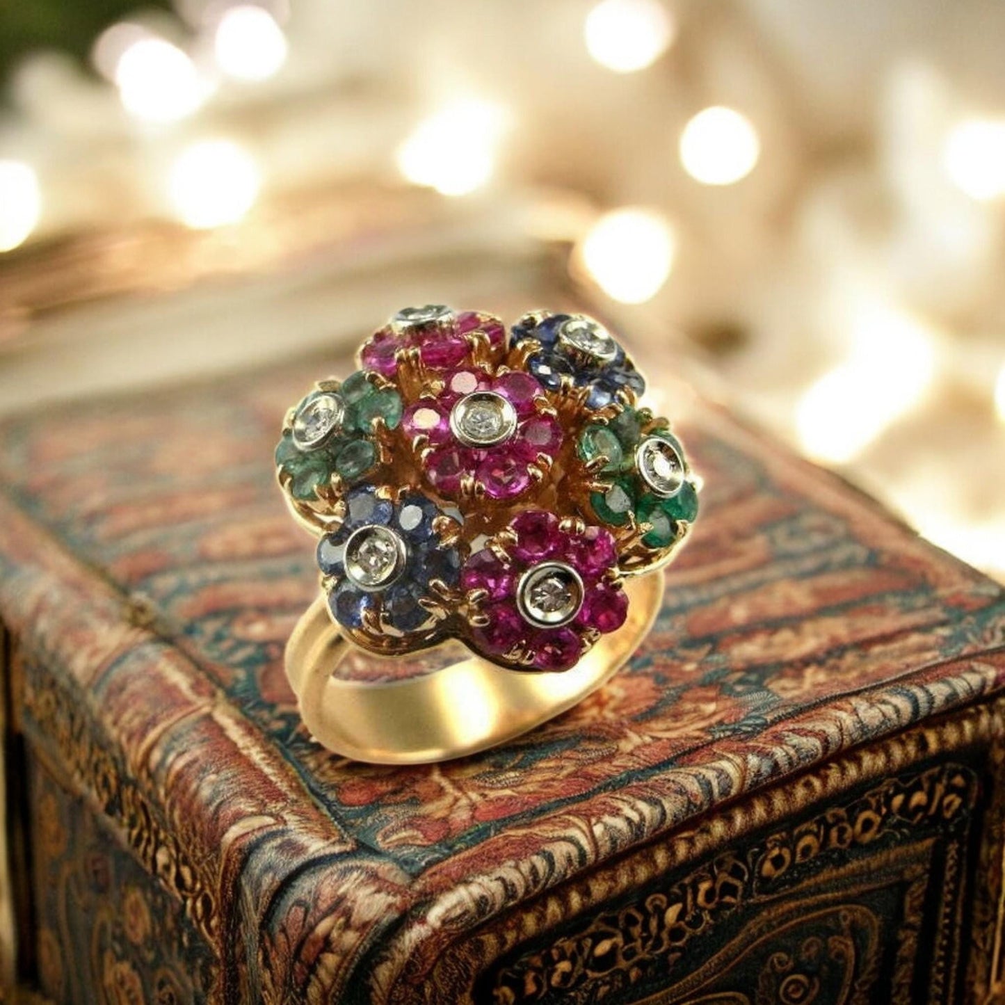 Vintage flower ring, 1910s, CZ stone, 925 silver, 18K gold-plated, cocktail ring, engagement jewelry