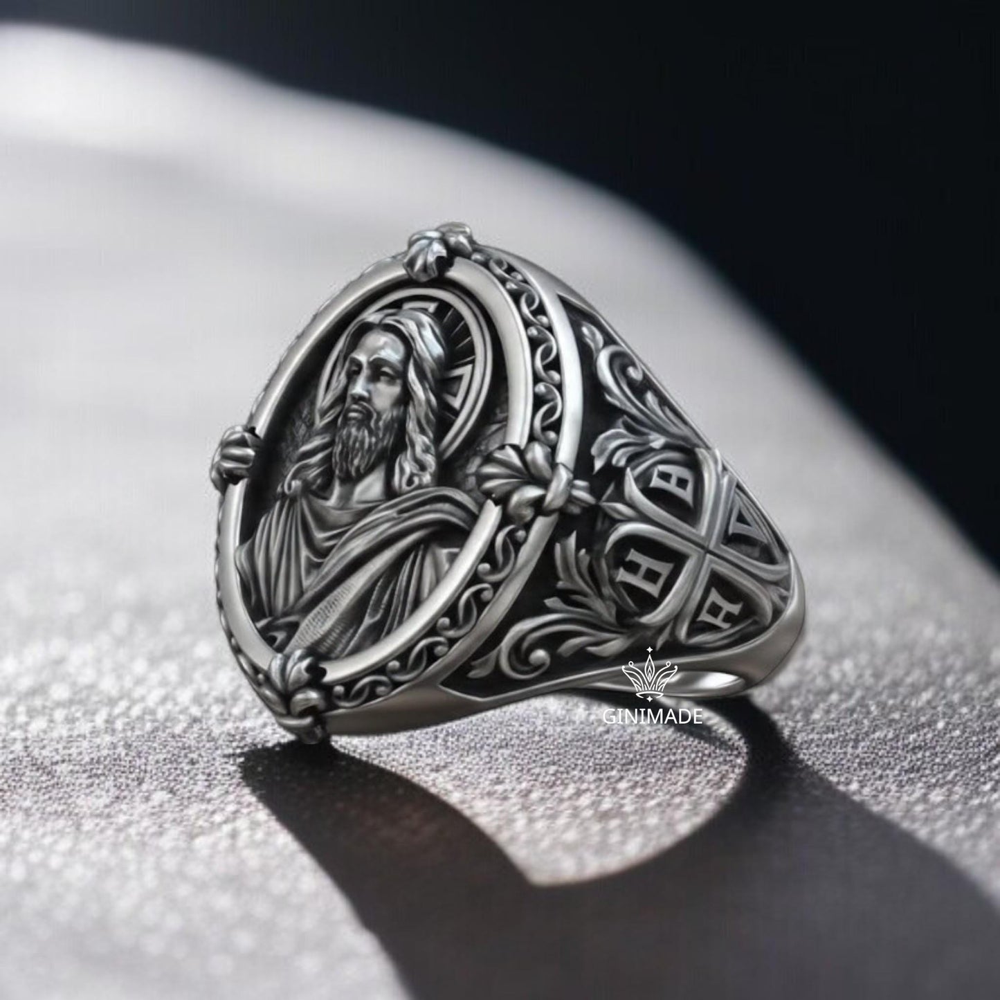 Personalized Jesus Christ Signet Ring | Sterling Silver Religious Ring for Men | Christian IHSV Cross Engraved Ring | Faith Gift for Him
