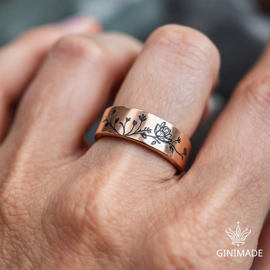 Custom Birth Flower Engraved Ring • Personalized Gold 8mm Wide Band Ring • Floral Birth Month Ring for Men and Women • Handmade Jewelry.