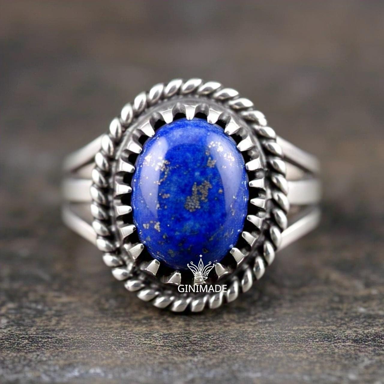 Lapis Lazuli Statement Ring – Vintage Style Sterling Silver Ring – Blue Gemstone Ring for Women – Boho Handmade Jewelry by Ginimade