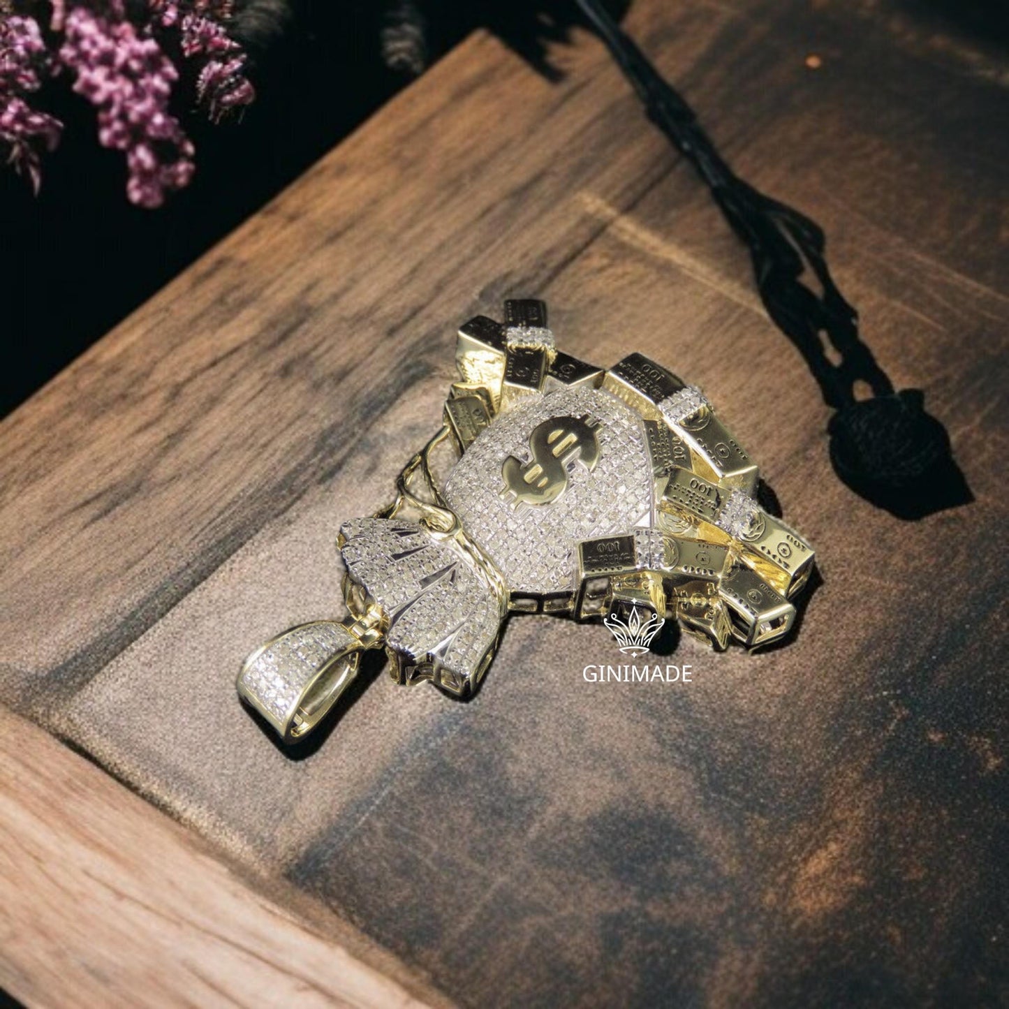 Money Bag Pendant with Dollar Sign – Iced Out Gold & Diamond Simulated Hip Hop Necklace | Statement Jewelry for Men