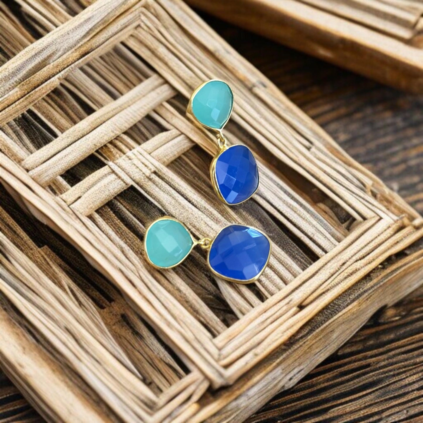 Minimalist Green & Blue Gemstone Earrings | Handmade Gold Plated Dangle Earrings | Brass Drop Jewelry Gift for Her