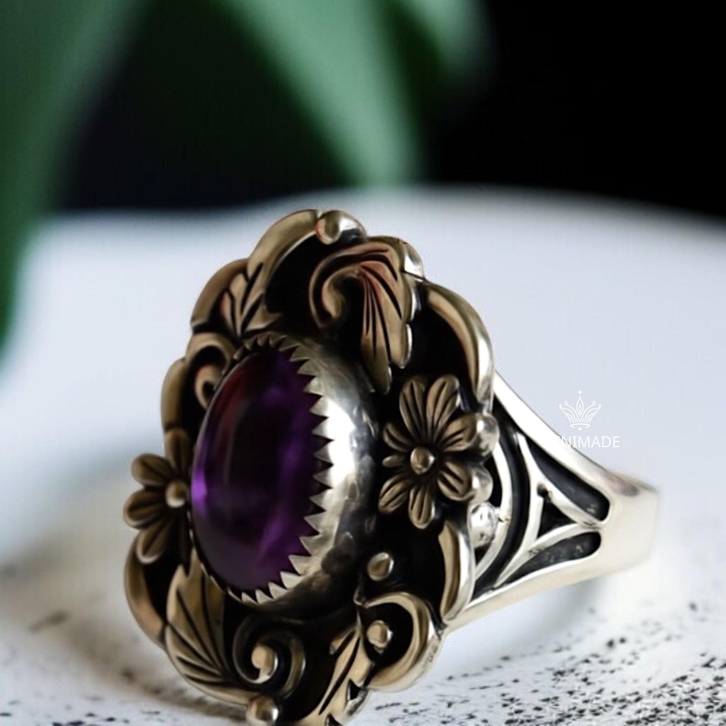 Bold Amethyst Ring – Bohemian Nature-Inspired Silver Jewelry – Floral Leaf Design