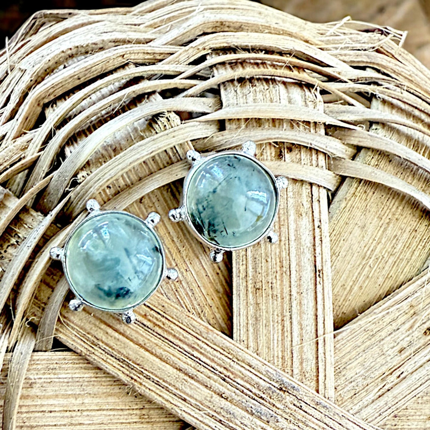Moss Agate Brass Stud Earrings – Round Cabochon Silver Finish Earrings – Handmade Minimalist Gemstone Jewelry Gift for Her