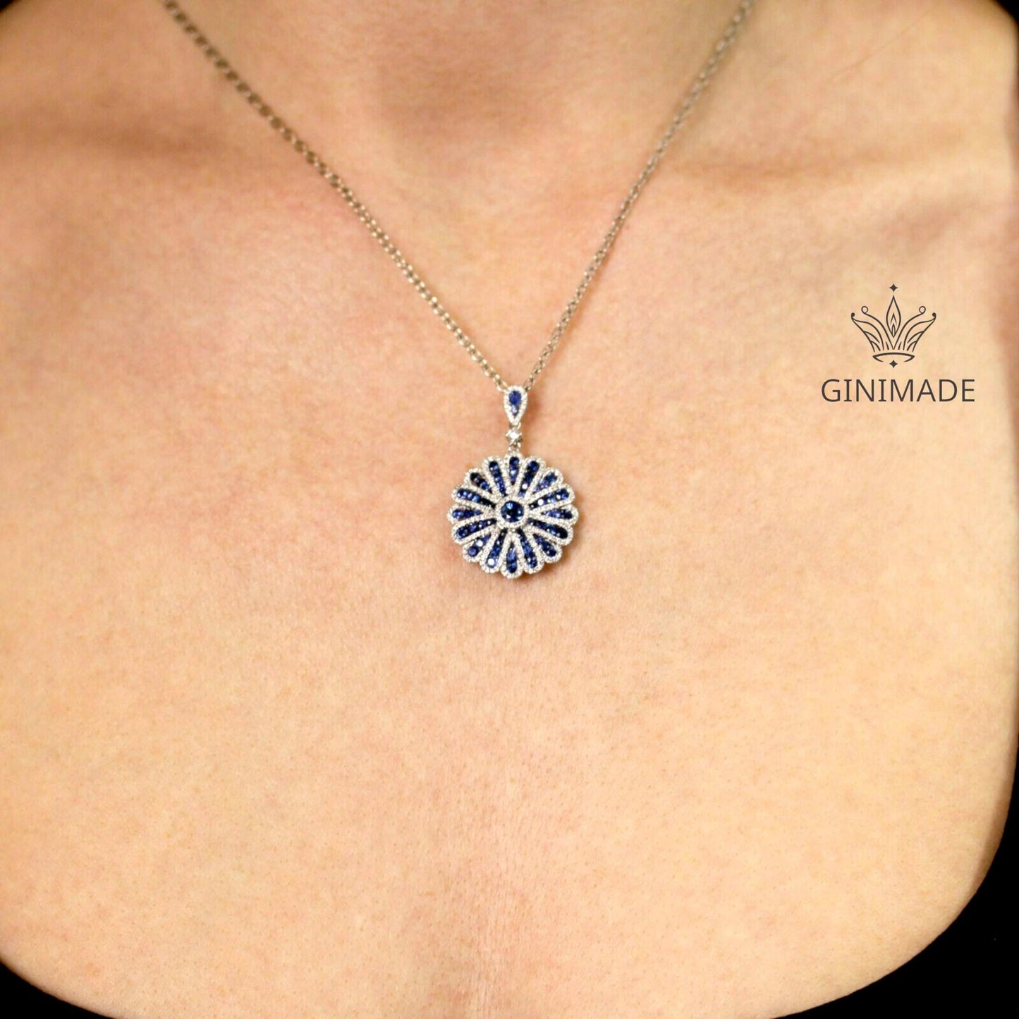 Vintage Style Blue Sapphire Flower Pendant Necklace – 925 Sterling Silver Elegant Statement Jewelry for Women