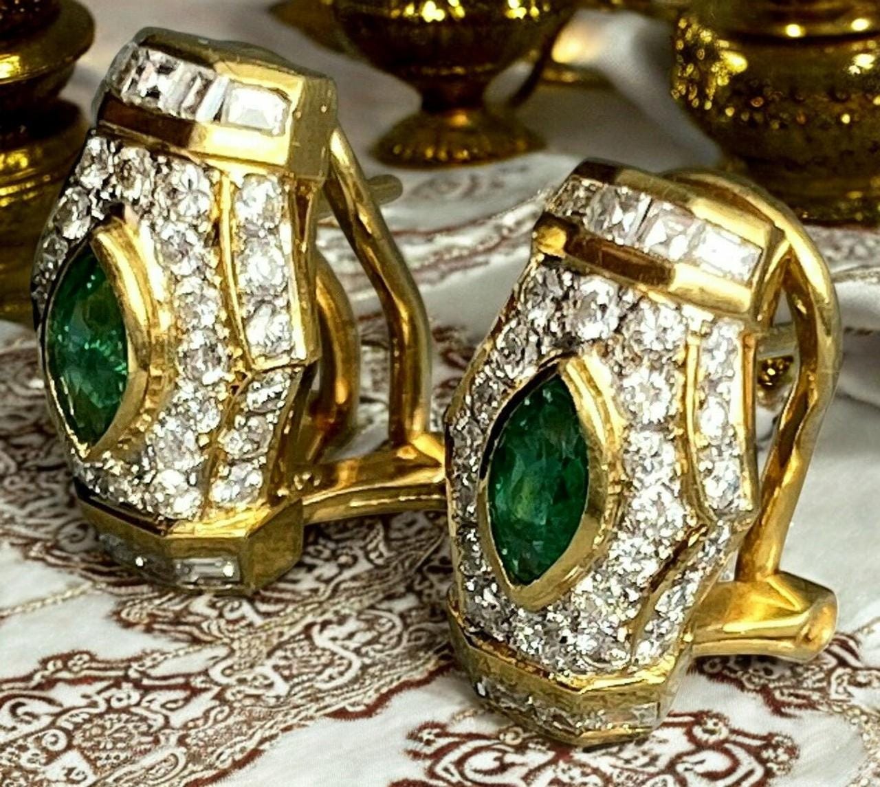Vintage Emerald and Lab Diamond Earrings | 925 Sterling Silver Gold Plated Jewelry"