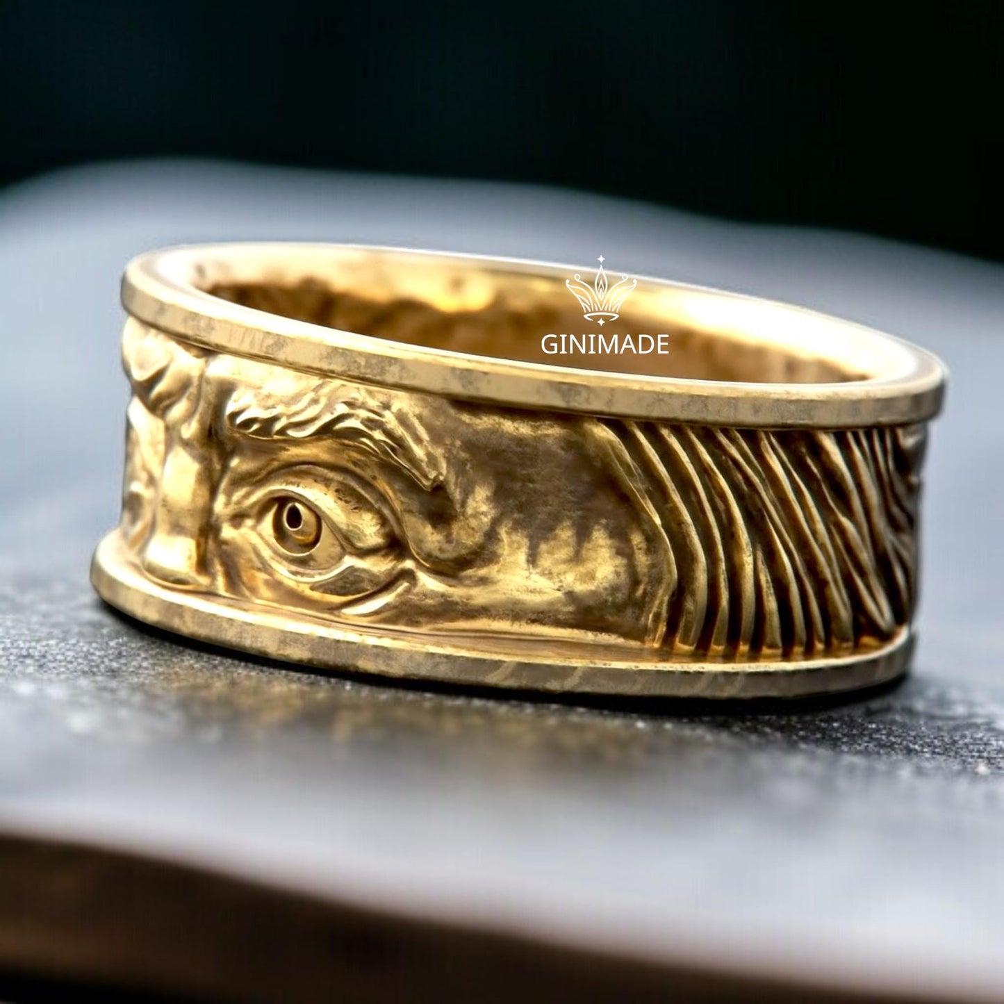 Franklin Eyes Ring | Bold Gold Face Ring | Handmade Sculpted Eye Band | GINIMADE Statement Jewelry | Gothic Men's Ring | Unique Artisan Ring