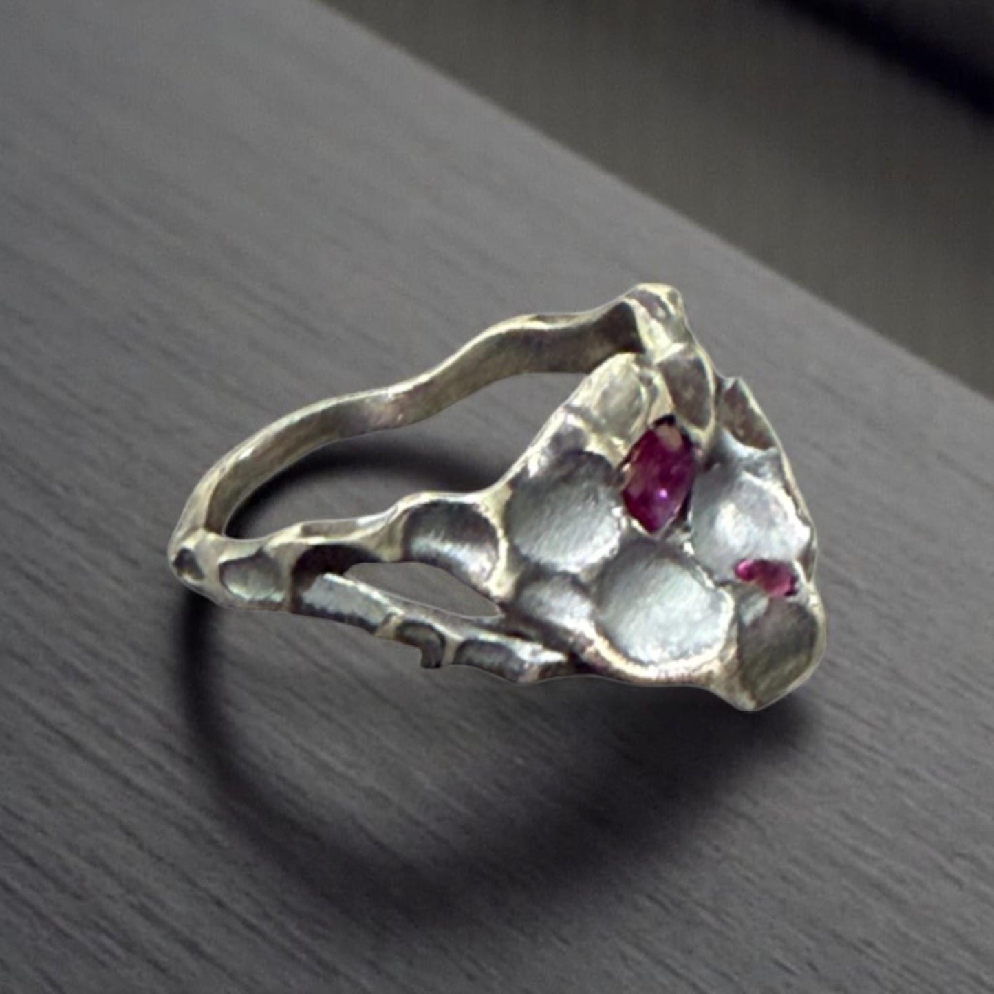 Handcrafted 925 Silver Crater Ring with CZ Ruby – Raw Textured Statement Ring, Unique Artisan Jewelry