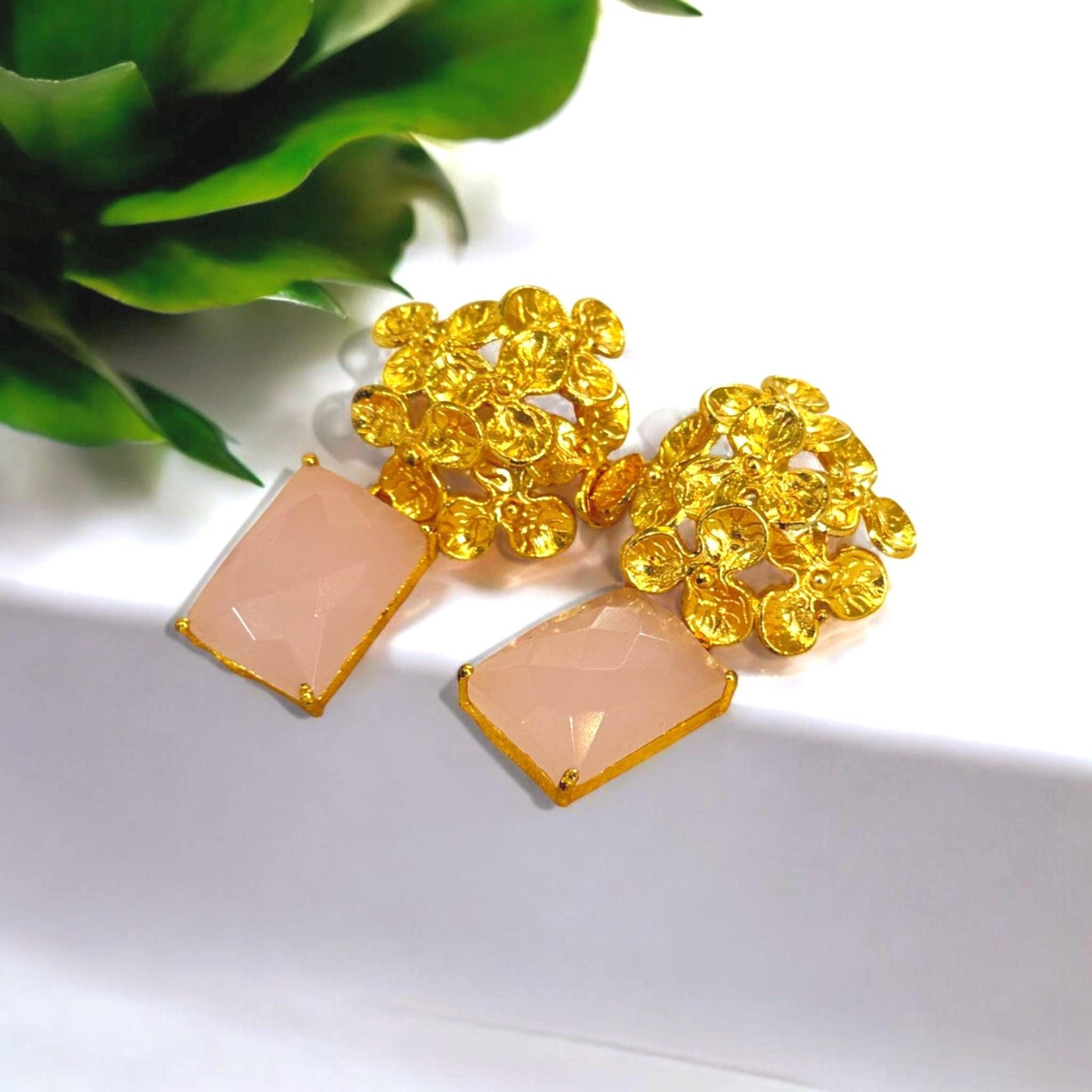 Handmade Floral Brass Earrings with Pink Chalcedony | Gold Plated Statement Dangle Earrings | Boho Wedding Jewelry | Gift for Her