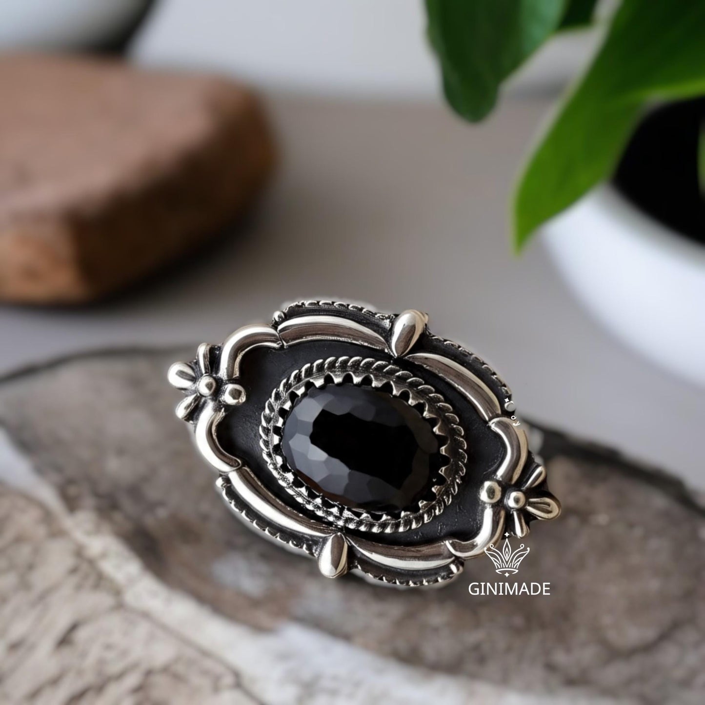 Black Onyx Ring 925 Sterling Silver • Vintage Boho  Ring • Gothic Oval Gemstone Jewelry • Handmade Oxidized Silver Ring for Women & Men.