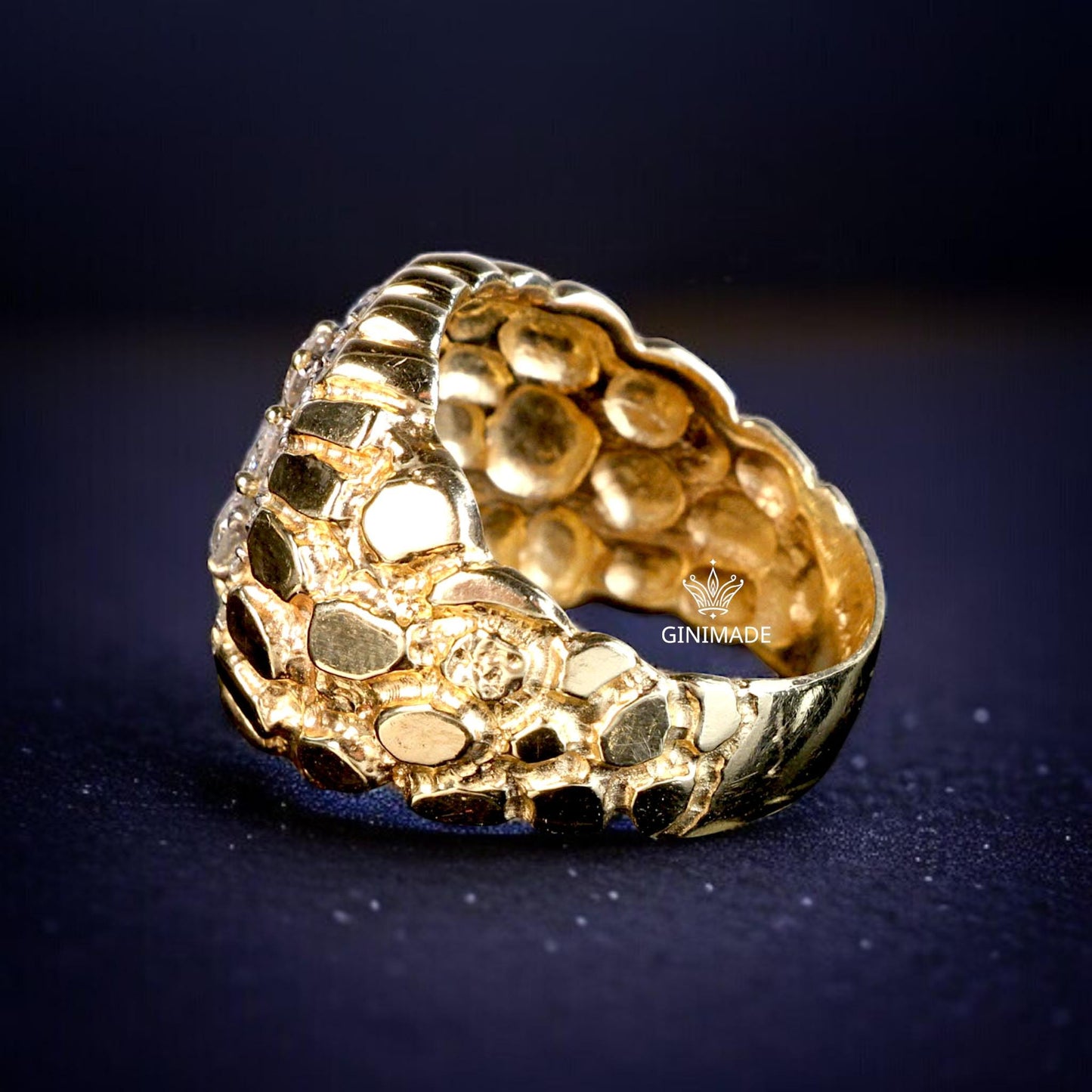 Gold Nugget CZ Ring – Oval Cluster Statement Ring for Men – 18K Gold Plated Hip Hop Bling Ring – Vintage Style Iced Out Ring by Ginimade