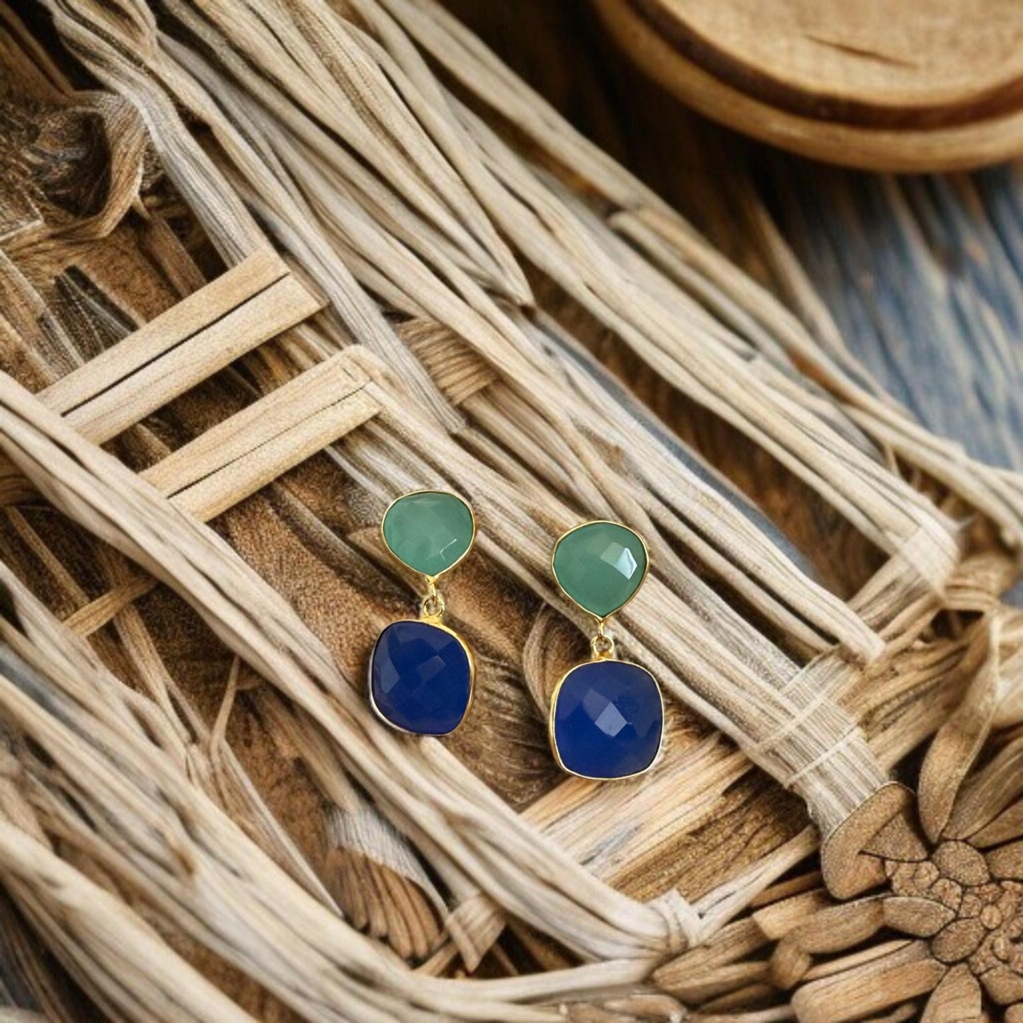 Minimalist Green & Blue Gemstone Earrings | Handmade Gold Plated Dangle Earrings | Brass Drop Jewelry Gift for Her