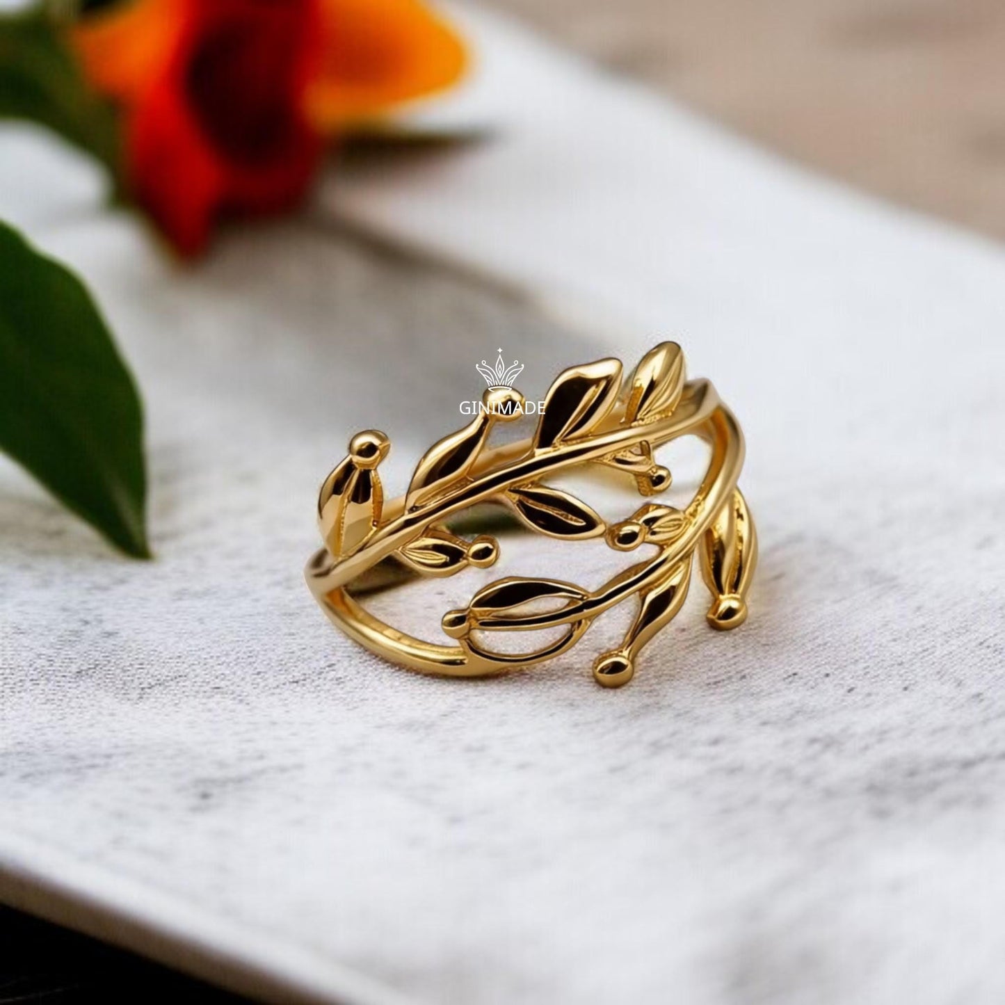 Gold Leaf Branch Ring for Women | Dainty Nature Ring | Shiny Gold Plated Vine Ring | Minimalist Botanical Jewelry Gift