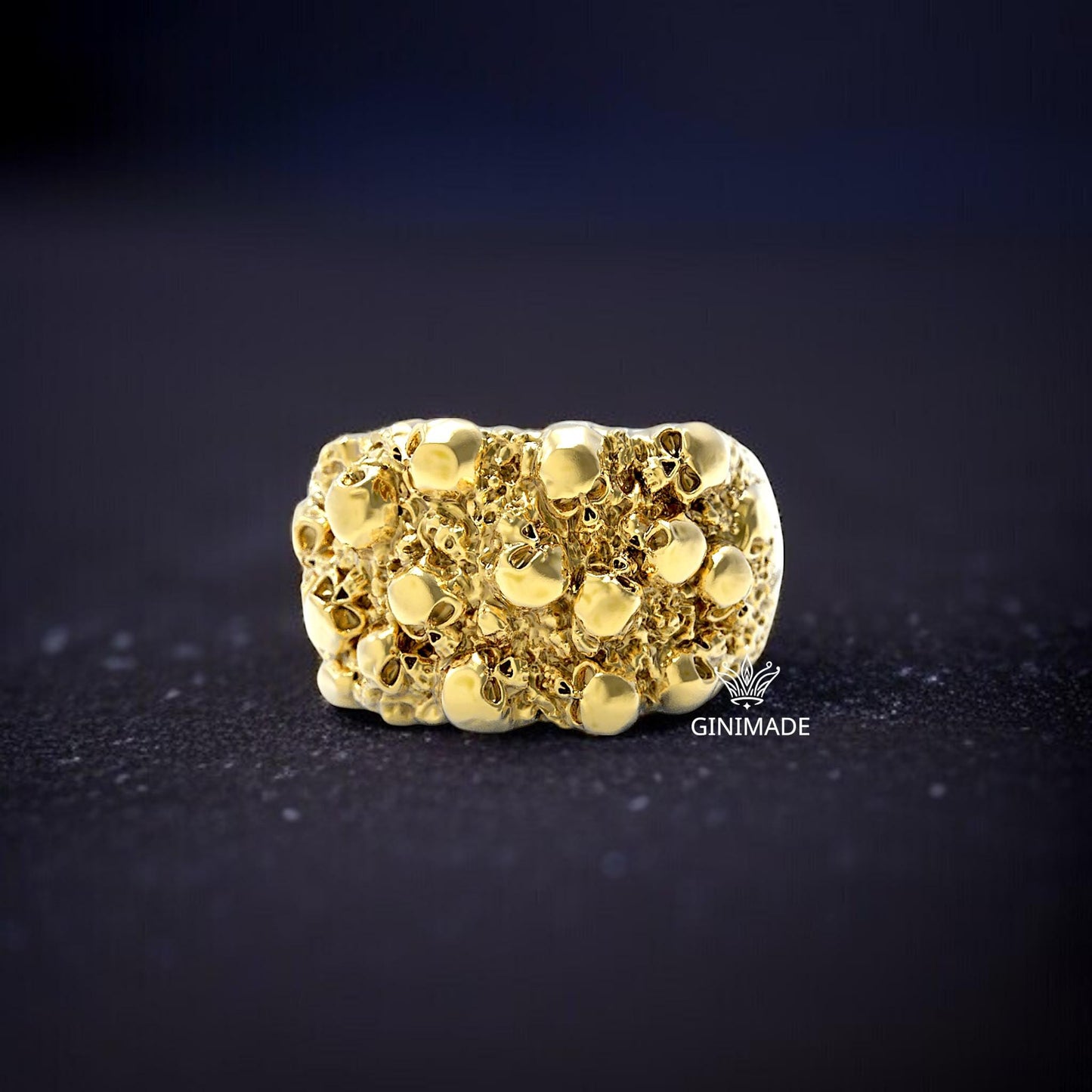 Gold Nugget Skull Ring – Men's Bold Gothic Statement Ring – 18K Gold Plated Nugget Texture with Skulls – Biker Punk Jewelry by Ginimade