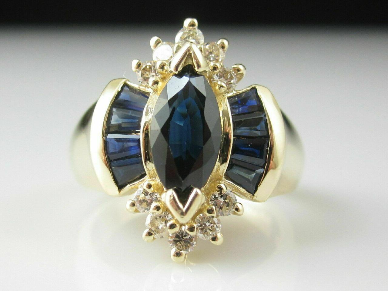 Vintage Simulated Marquise Blue Sapphire with CZ Diamond Ring in 18K Yellow Gold Plated 925 Silver